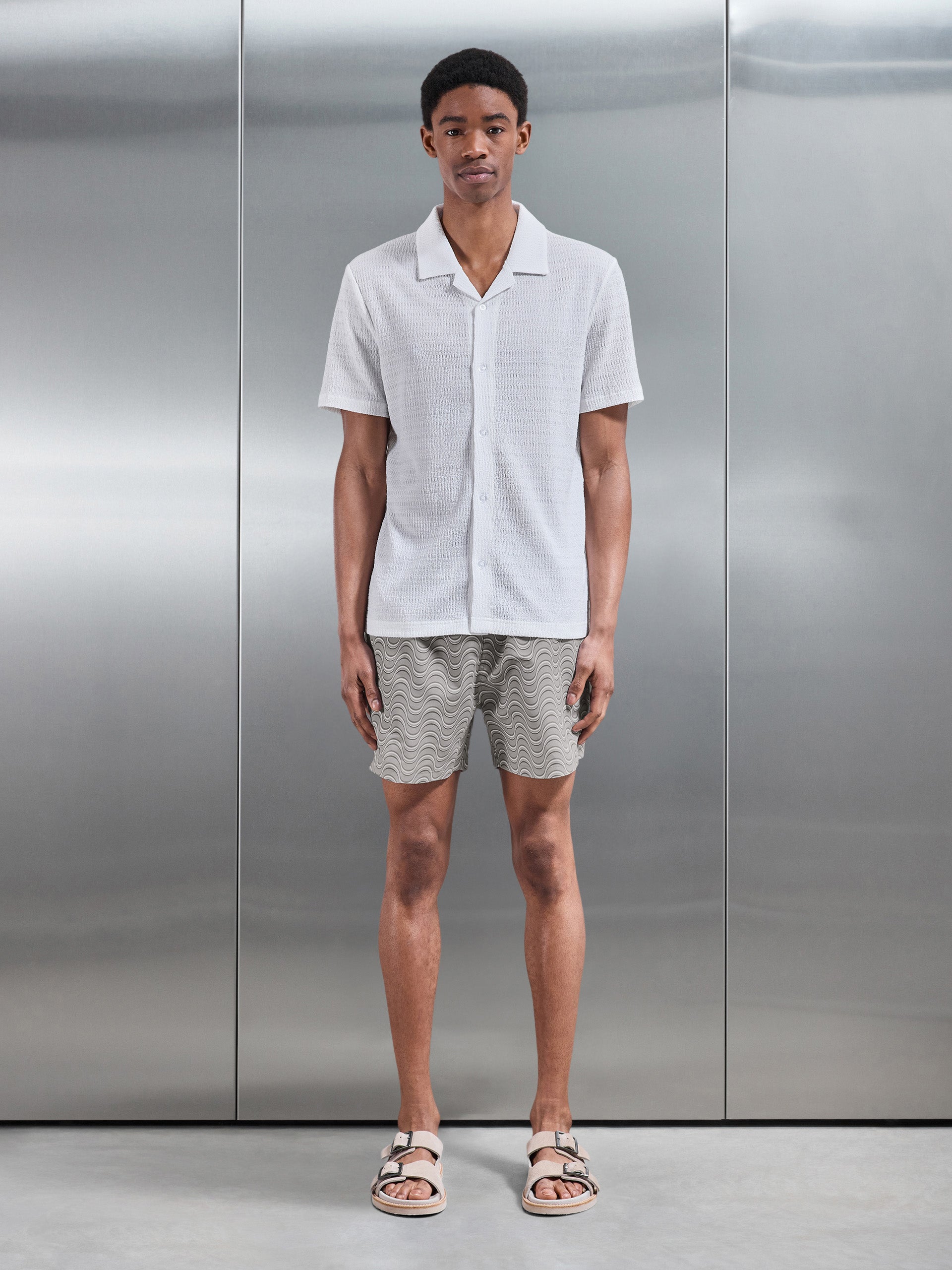 Wave Printed Drawstring Swim Short in Stone