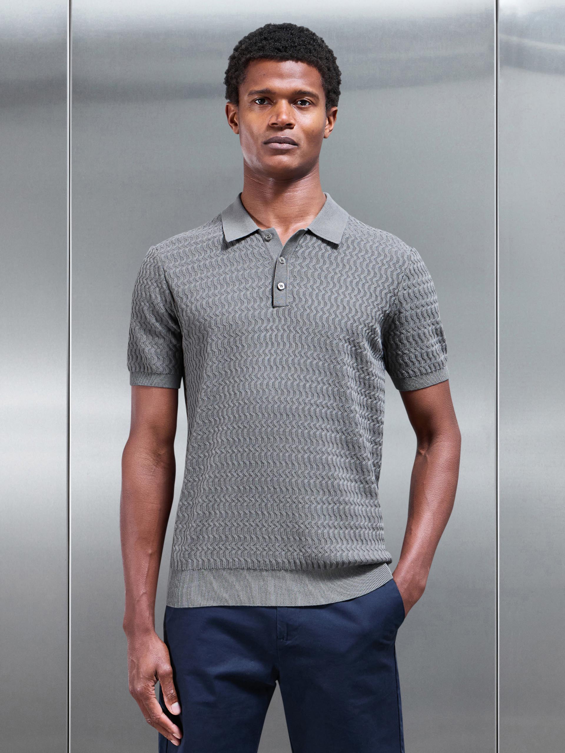 Wave Textured Knitted Button Polo Shirt in Sage