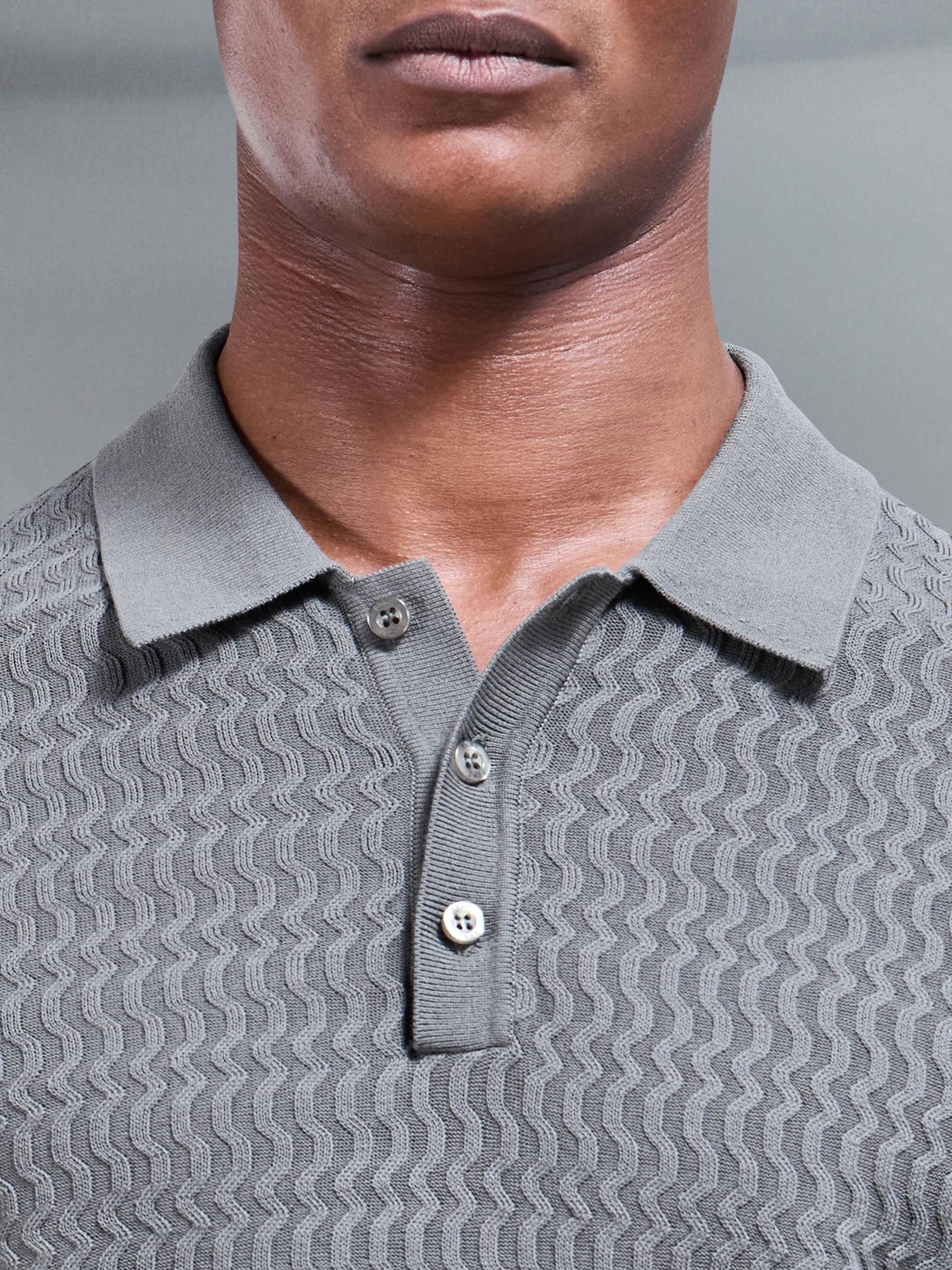 Wave Textured Knitted Button Polo Shirt in Sage