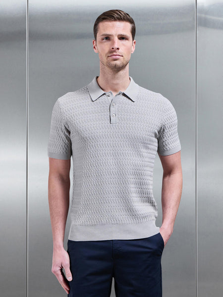 Wave Textured Knitted Button Polo Shirt in Stone