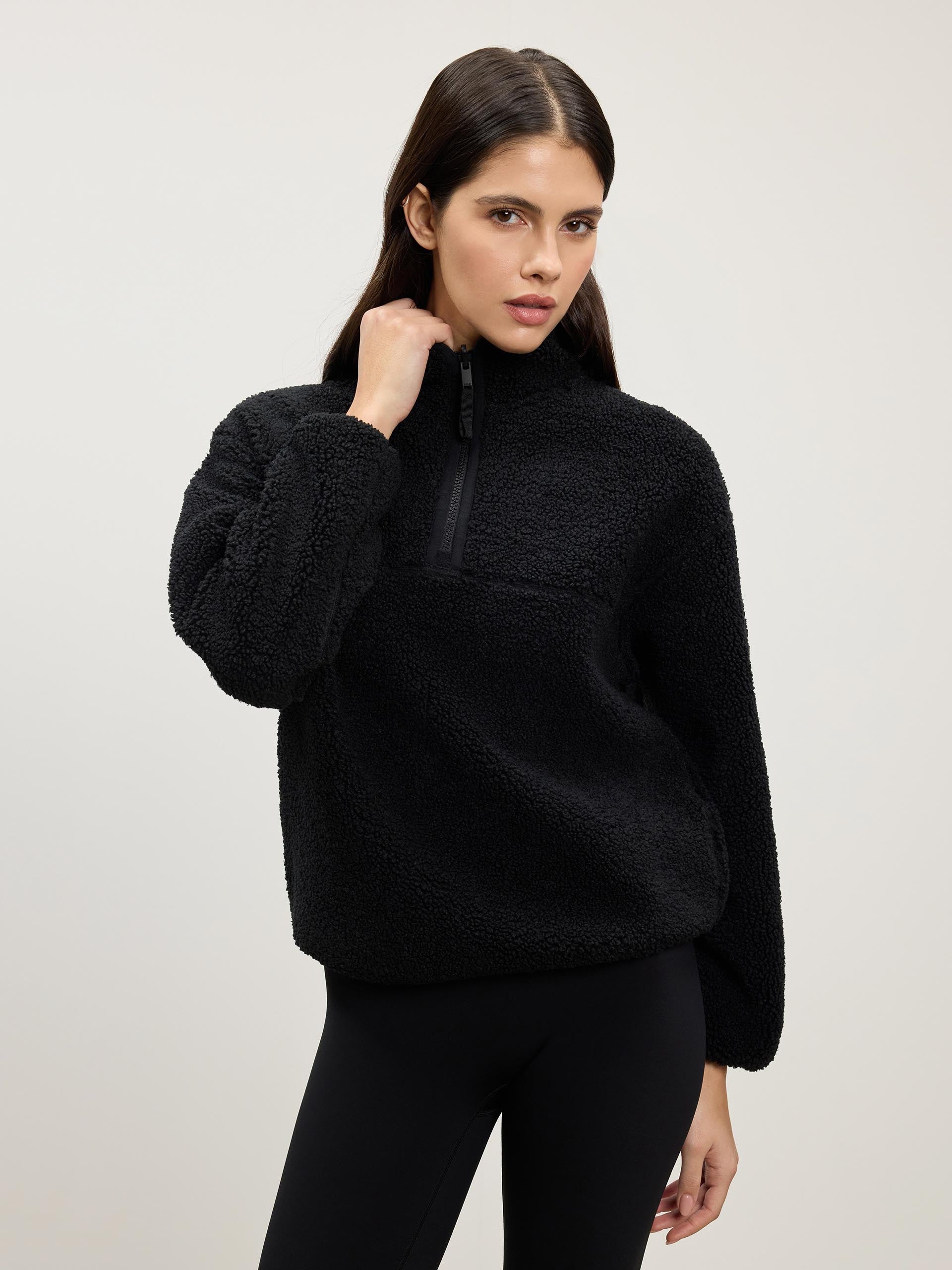 Womens Reversible Sherpa Fleece Half Zip in Black | ARNE US