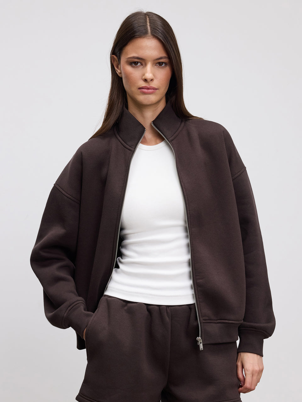 Womens Neoprene Funnel Neck Jacket in Brown