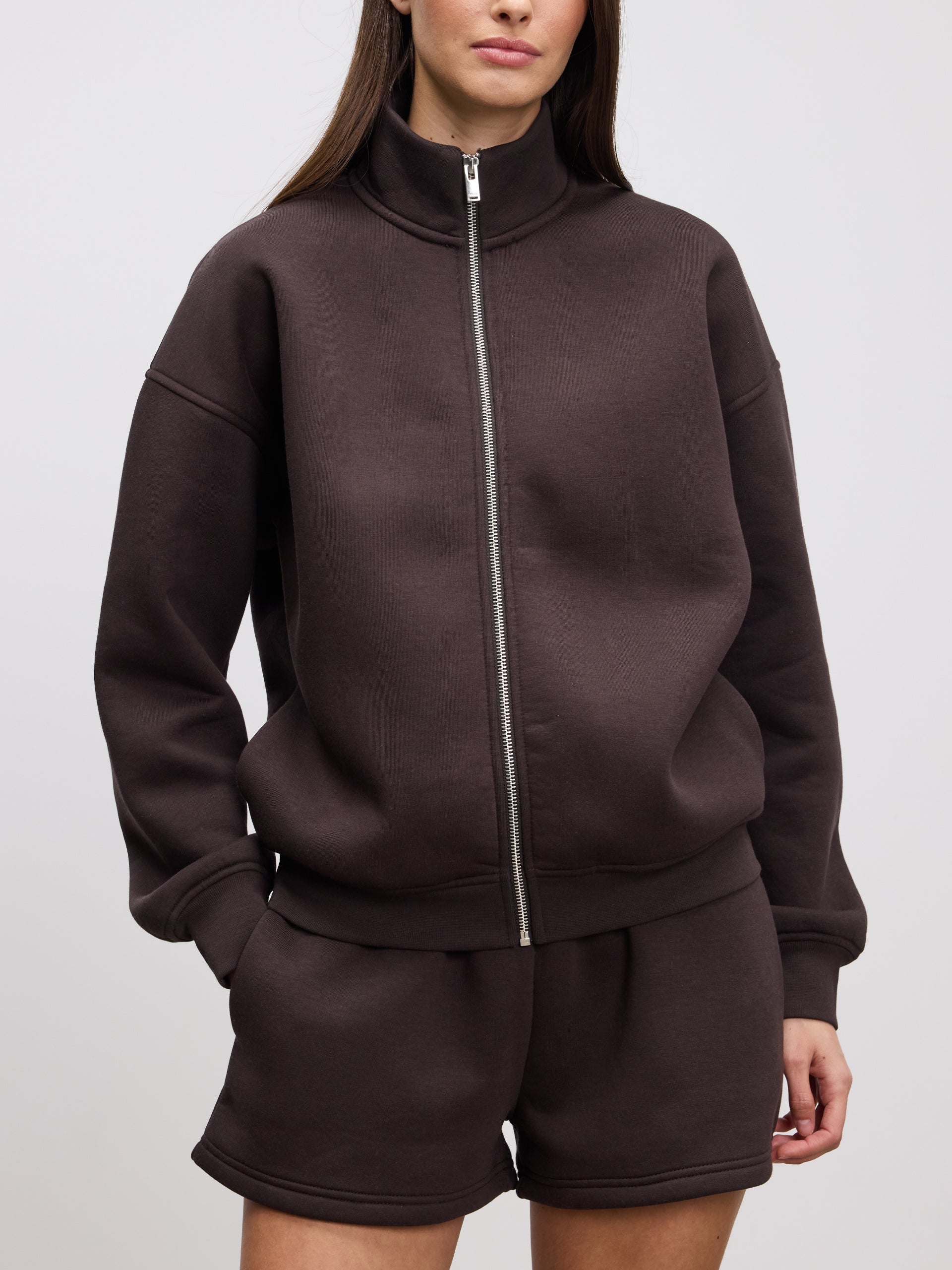 Womens Neoprene Funnel Neck Jacket in Brown