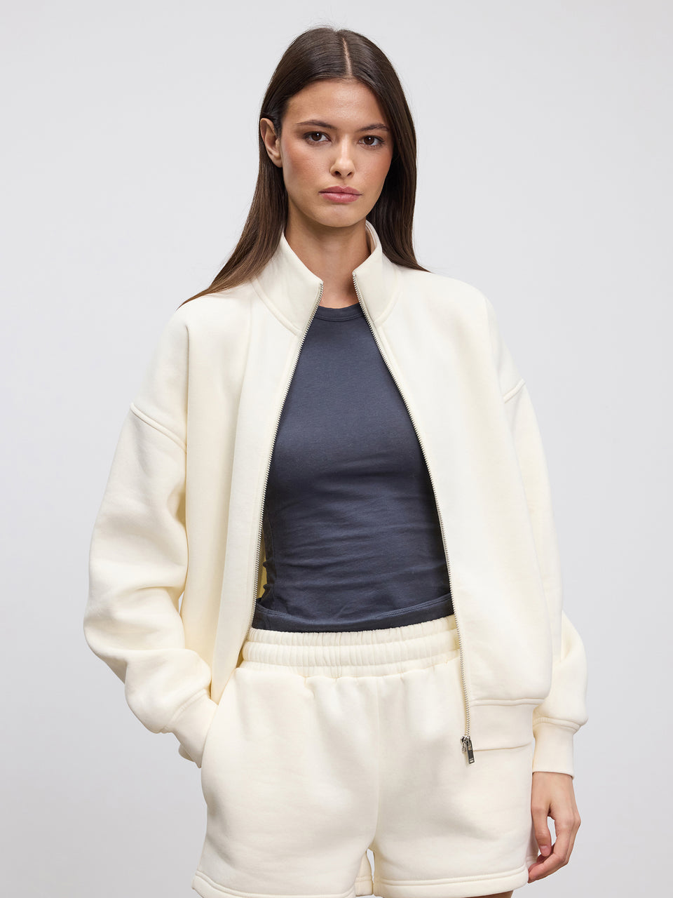 Womens Neoprene Funnel Neck Jacket in Ecru