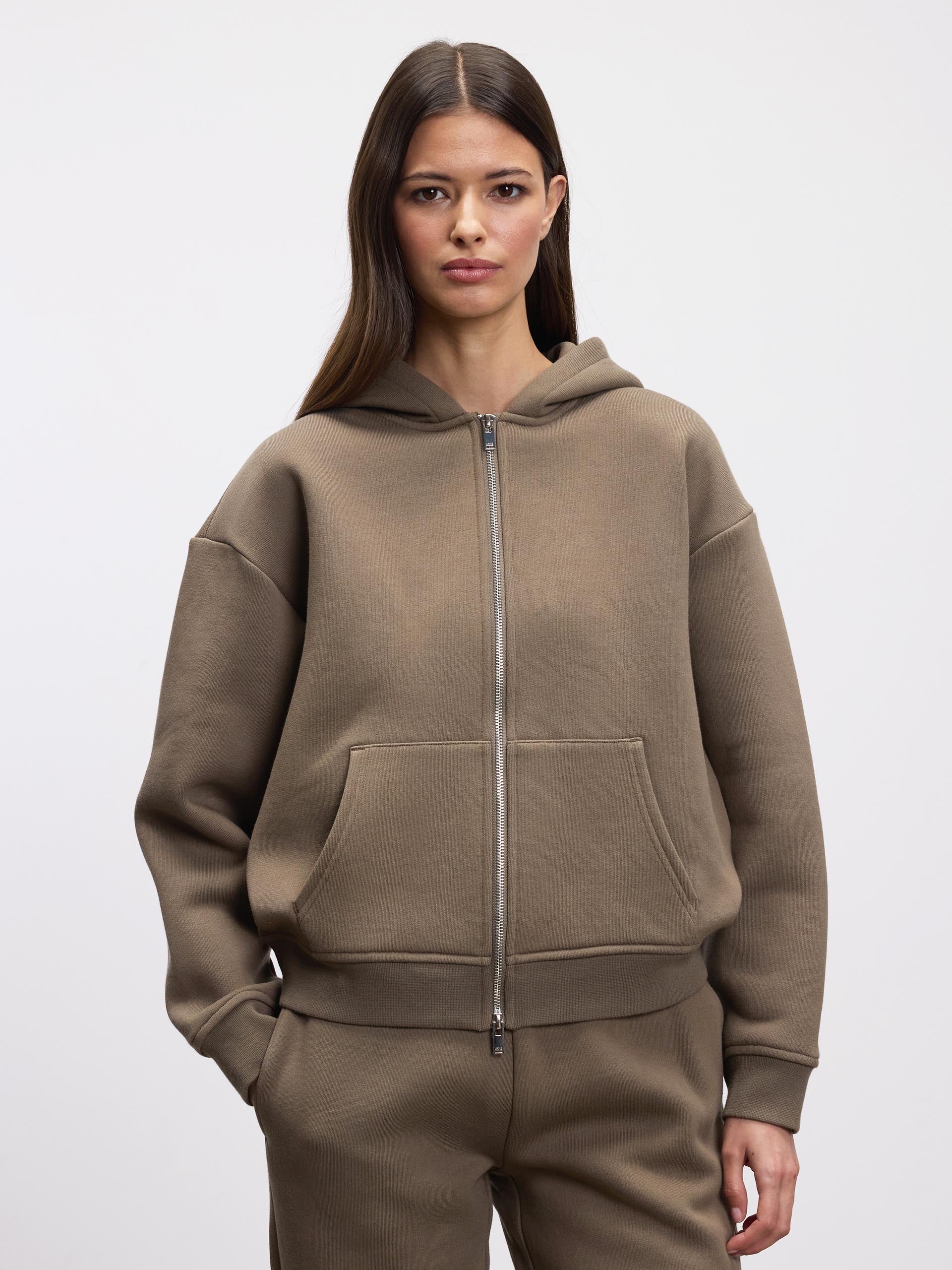 Womens Relaxed Zip Hoodie in Taupe