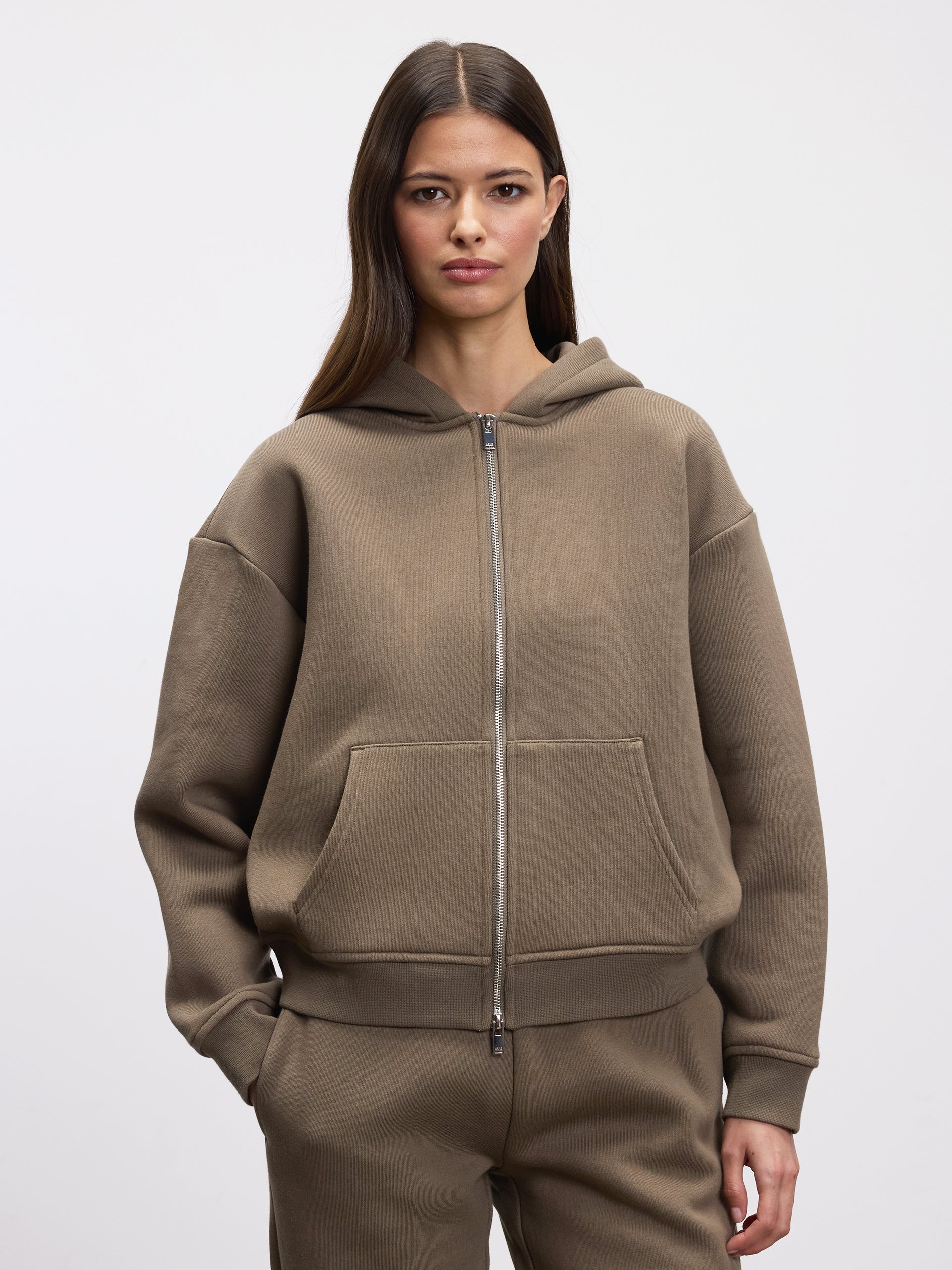 Womens Relaxed Zip Hoodie in Taupe