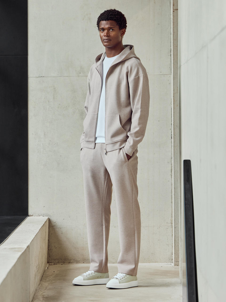Relaxed Fit Knitted Zip Through Hoodie in Stone