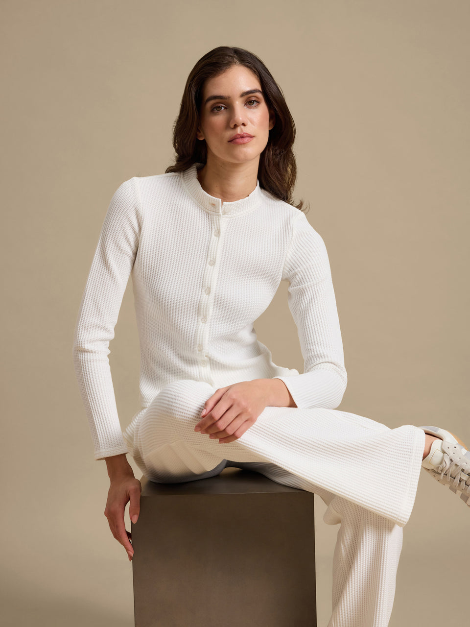 Womens Waffle Button Through Cardigan in Ecru
