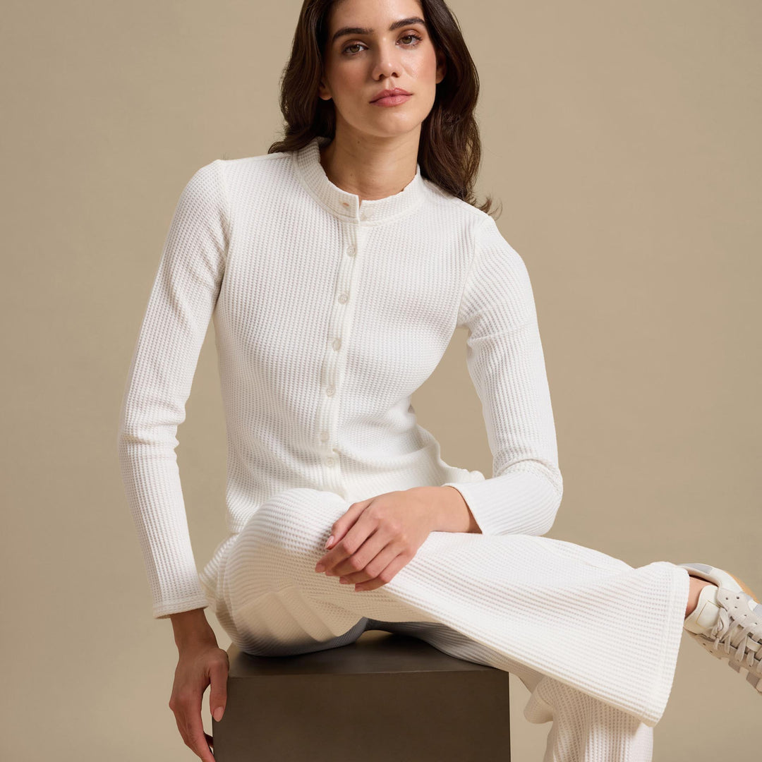 Womens Waffle Button Through Cardigan in Ecru