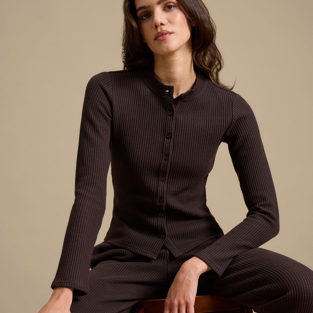 Womens Waffle Button Through Cardigan in Brown