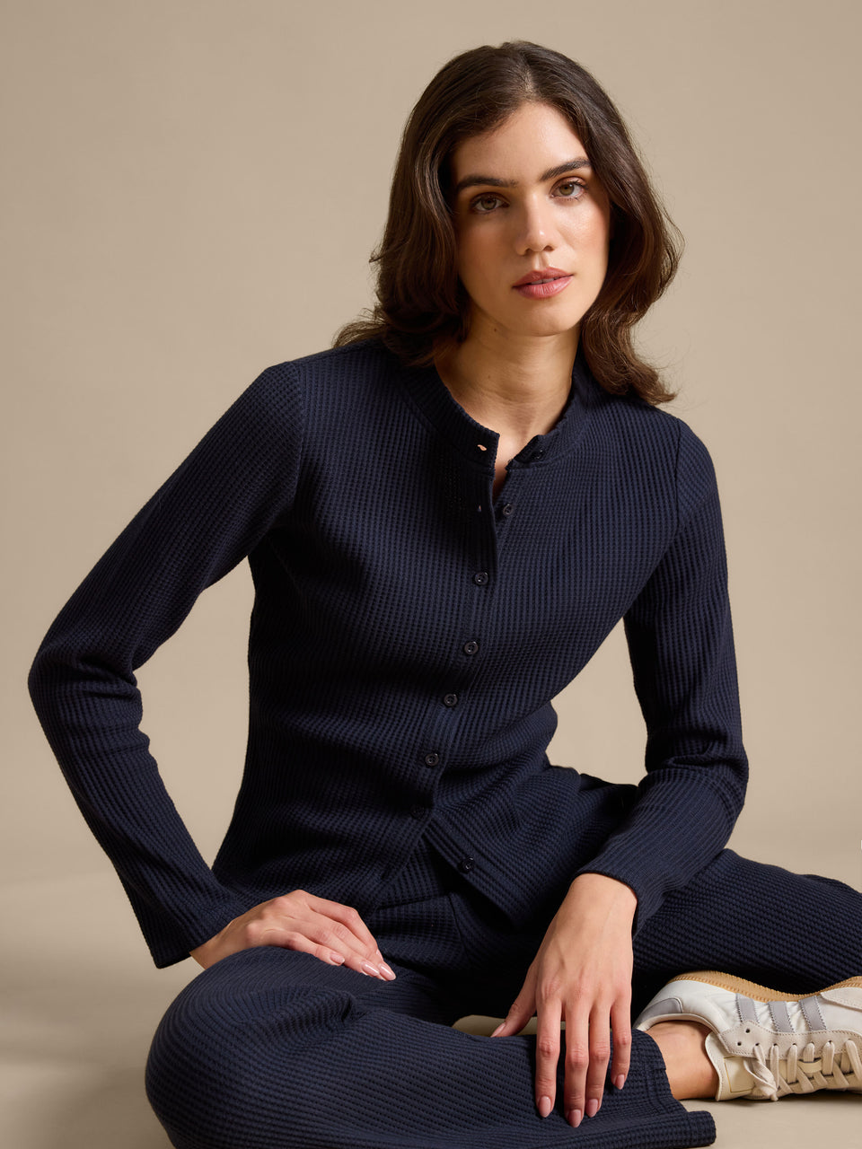 Womens Waffle Button Through Cardigan in Navy