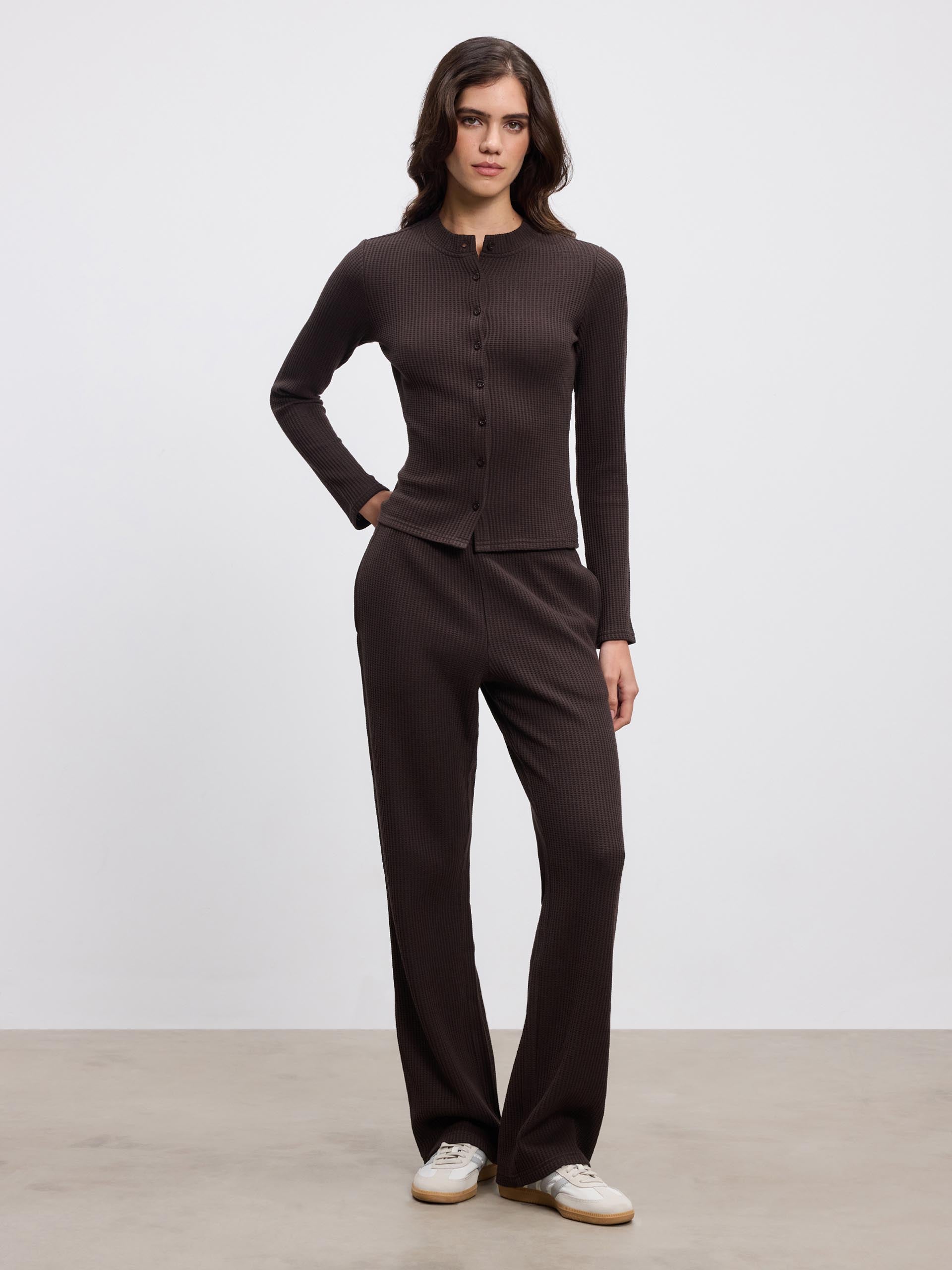 Womens Waffle Straight Leg Trouser in Brown