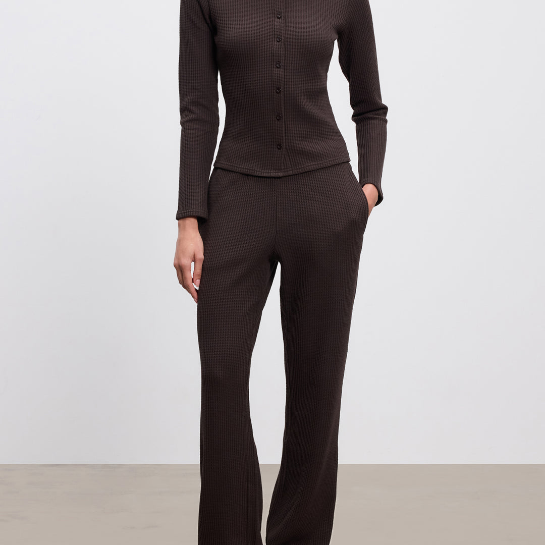 Womens Waffle Button Through Cardigan in Brown