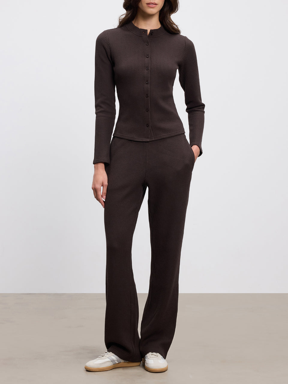 Womens Waffle Button Through Cardigan in Brown
