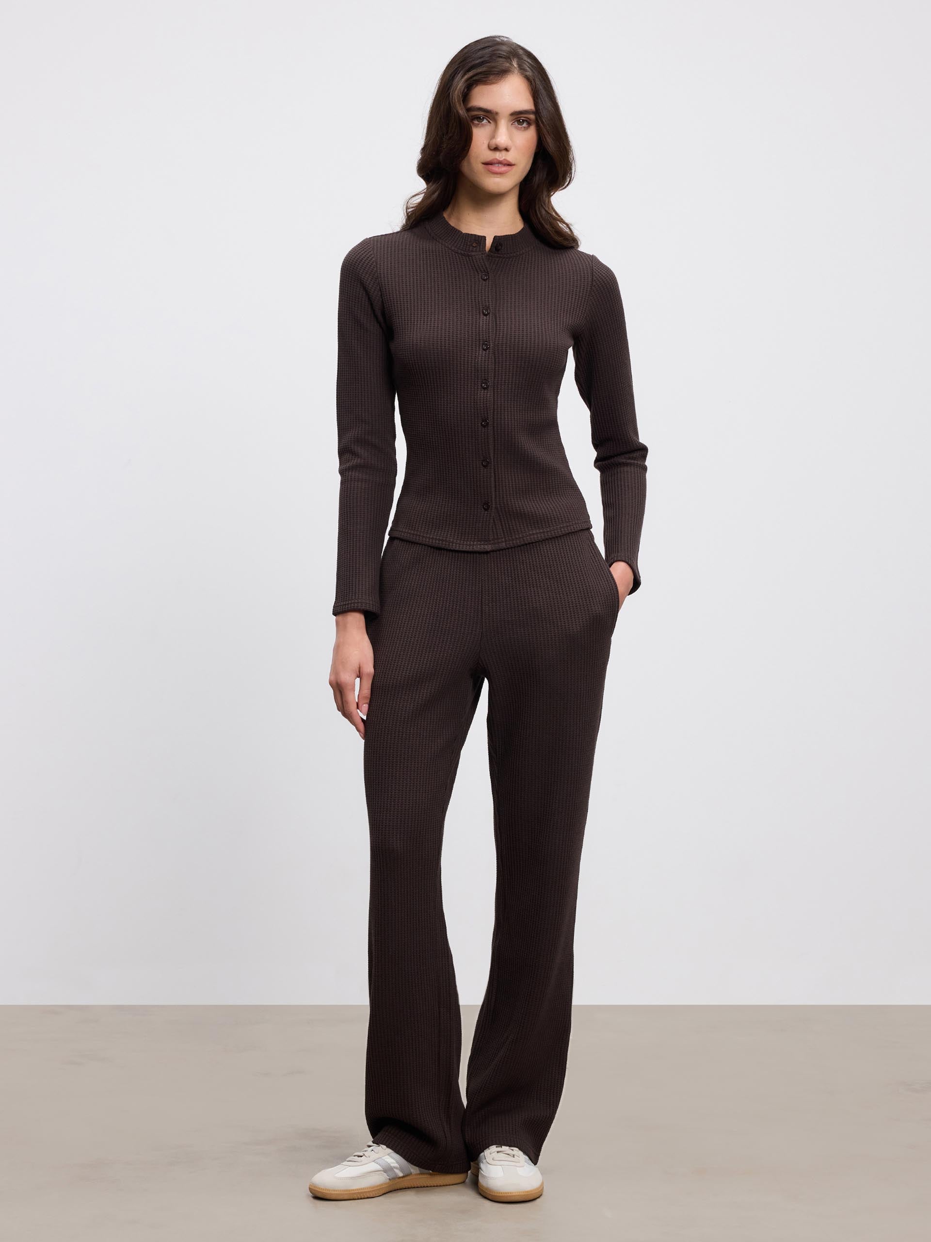 Womens Waffle Straight Leg Trouser in Brown