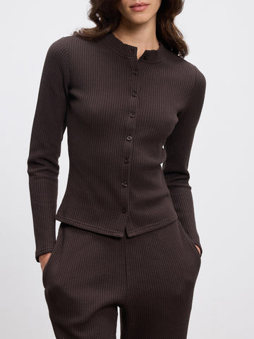 Womens Waffle Button Through Cardigan in Brown