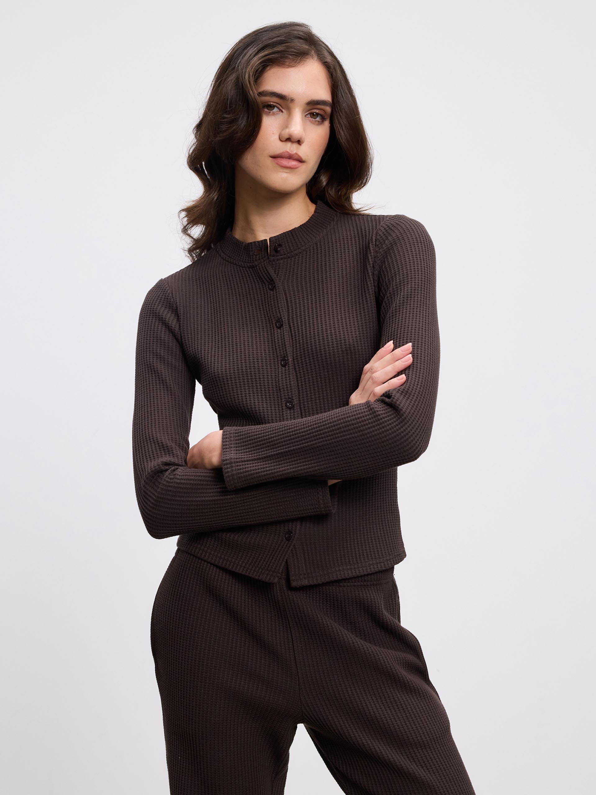 Womens Waffle Button Through Cardigan in Brown