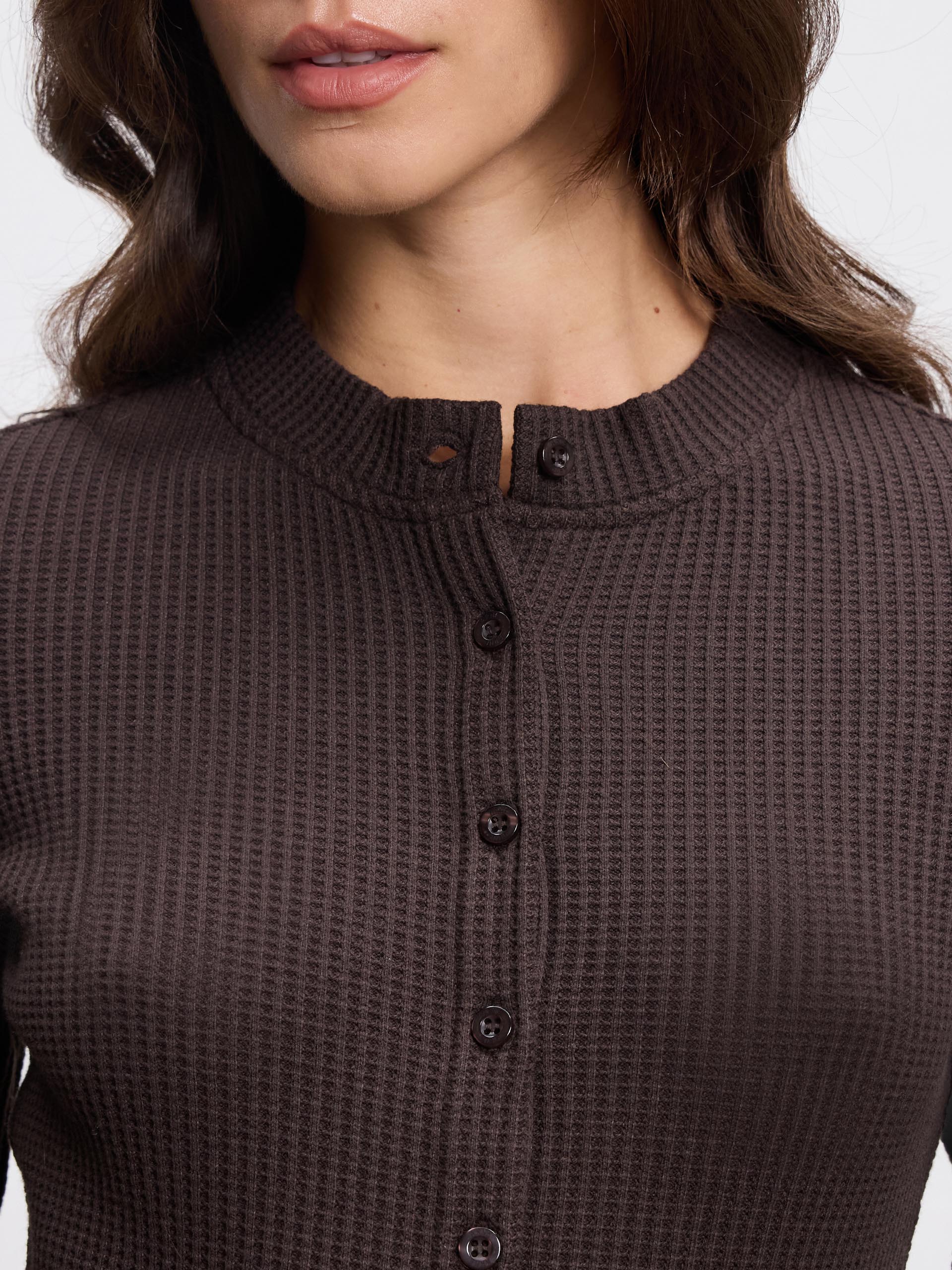 Womens Waffle Button Through Cardigan in Brown