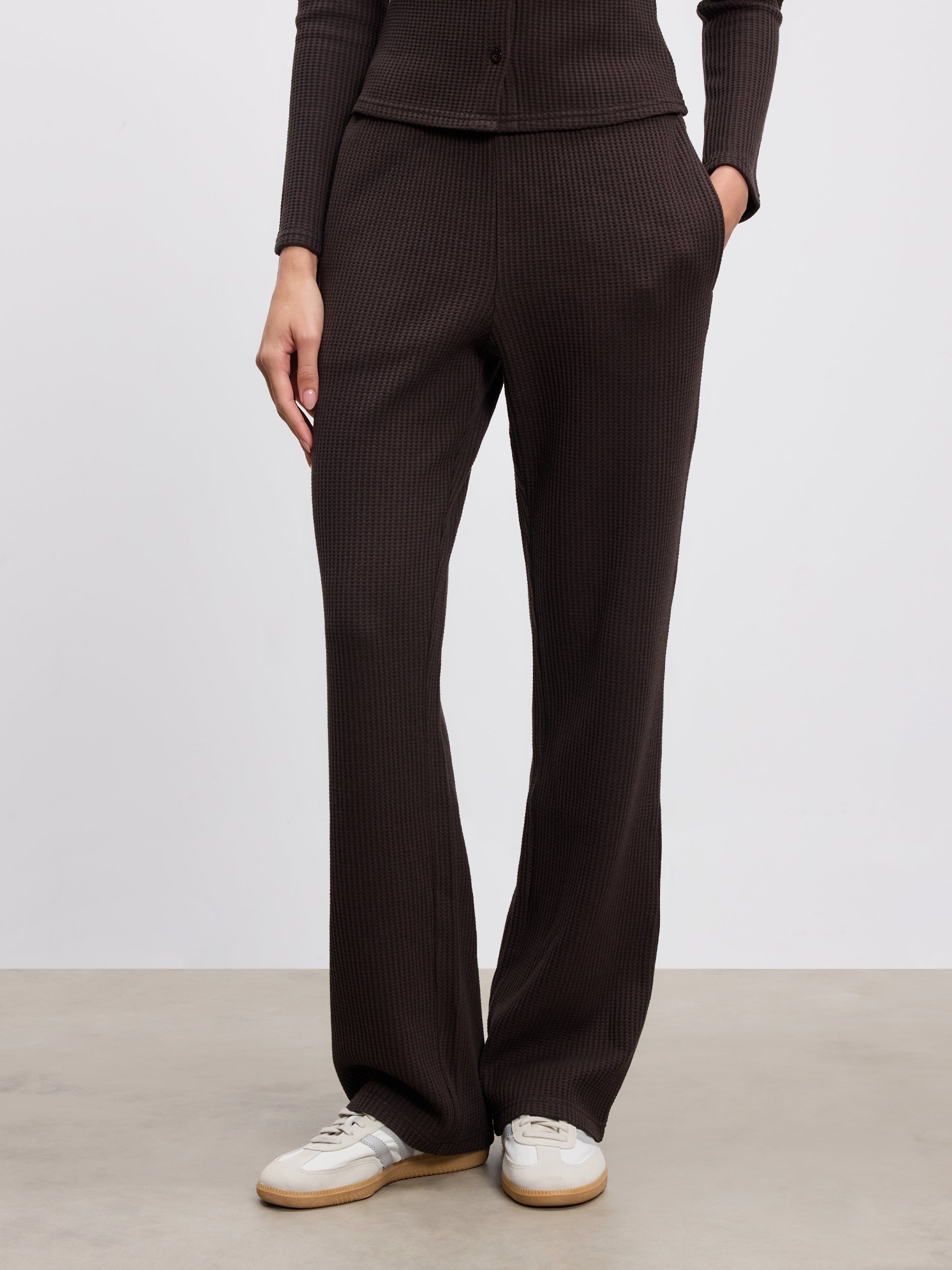 Womens Waffle Straight Leg Trouser in Brown