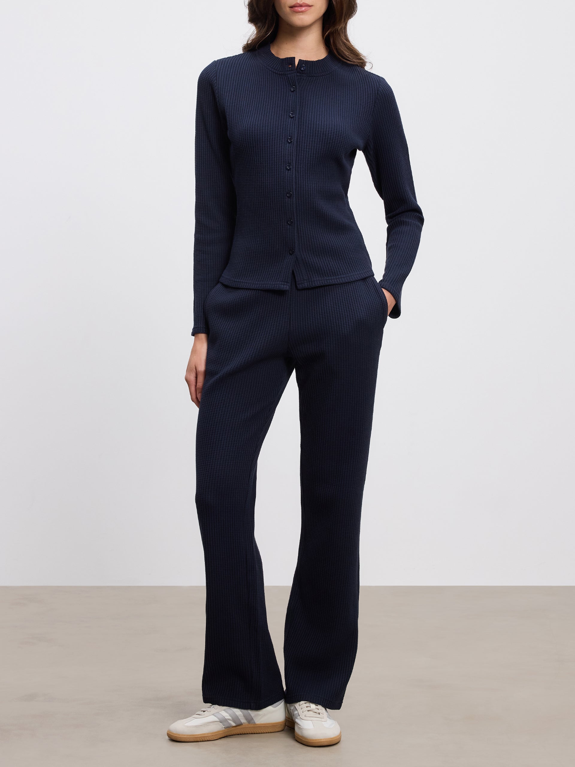 Womens Waffle Straight Leg Trouser in Navy