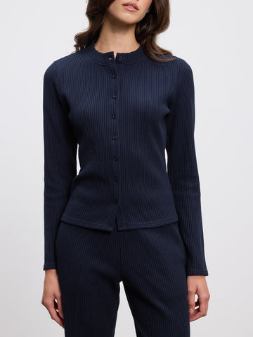 Womens Waffle Button Through Cardigan in Navy