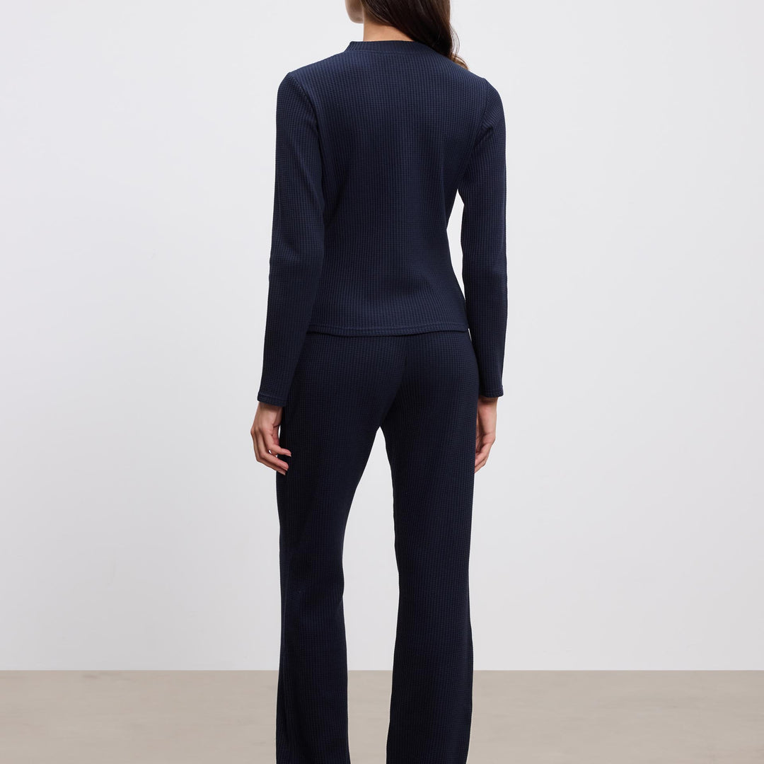Womens Waffle Button Through Cardigan in Navy