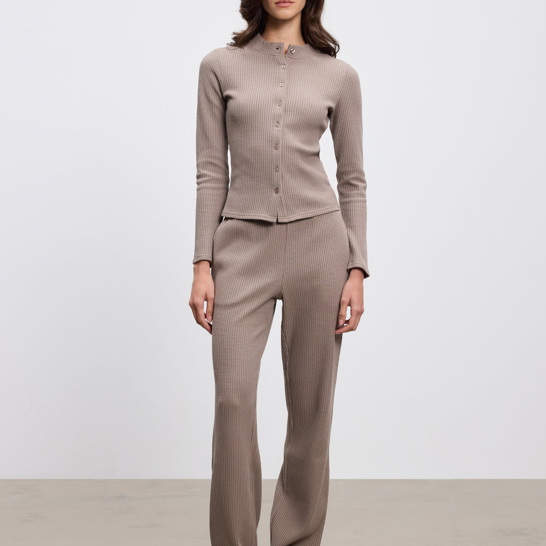 Womens Waffle Straight Leg Trouser in Taupe