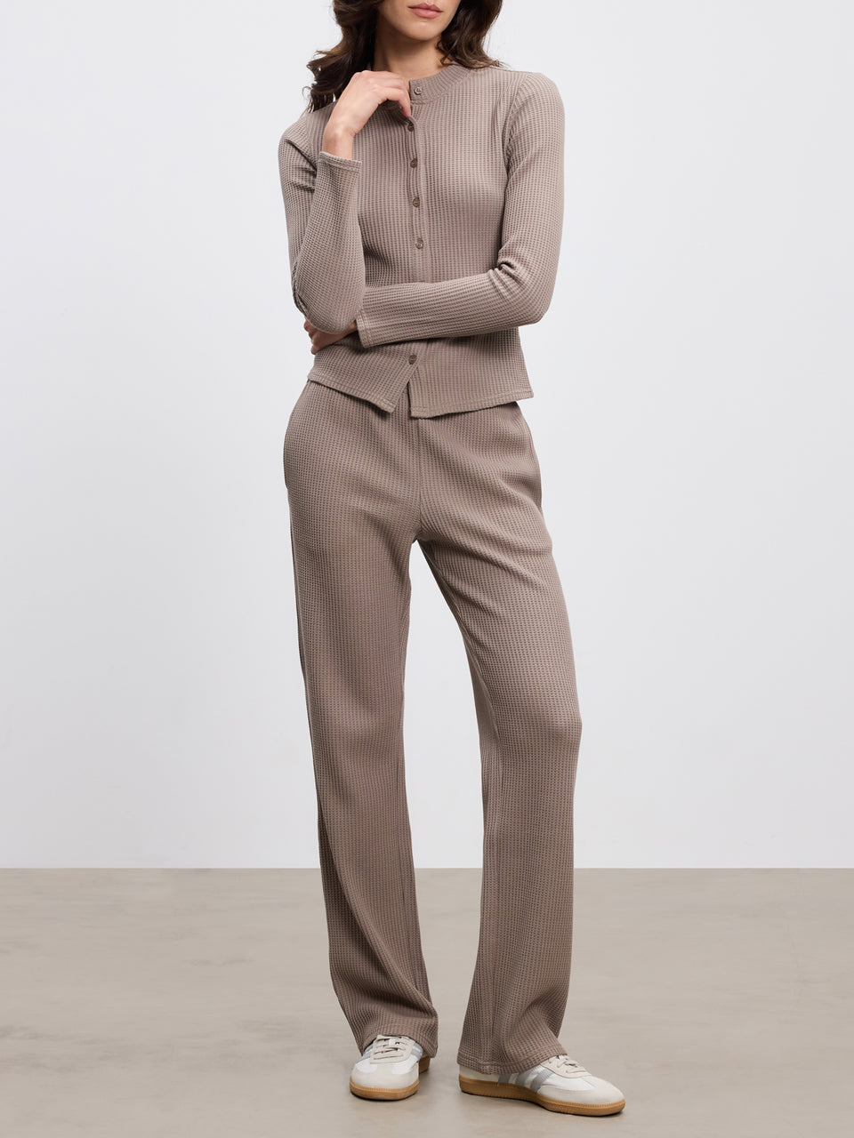 Womens Waffle Button Through Cardigan in Taupe