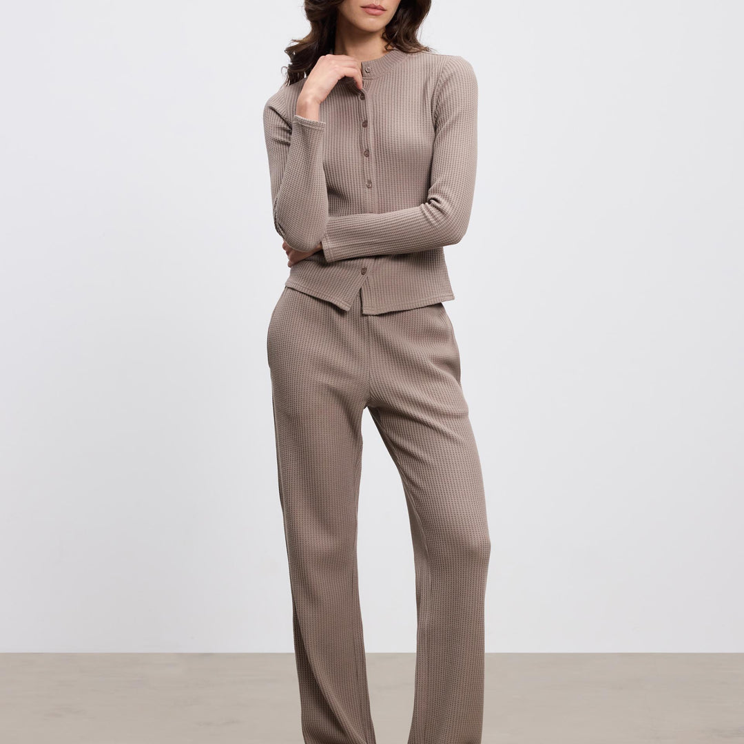 Womens Waffle Button Through Cardigan in Taupe