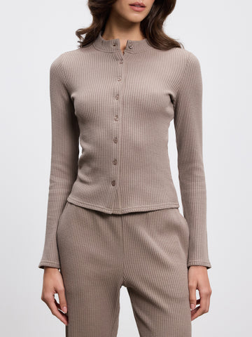 Womens Waffle Button Through Cardigan in Taupe