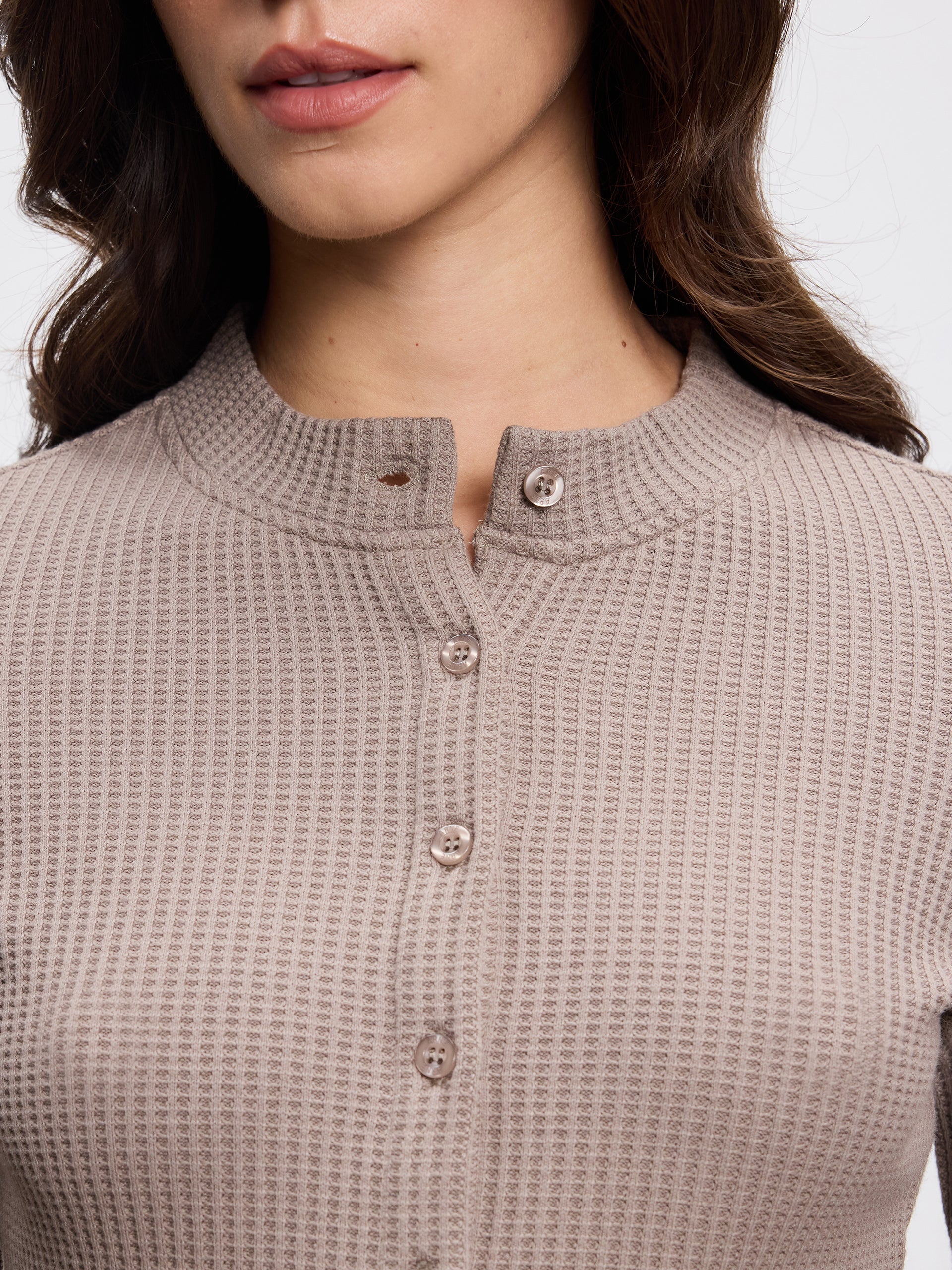 Womens Waffle Button Through Cardigan in Taupe