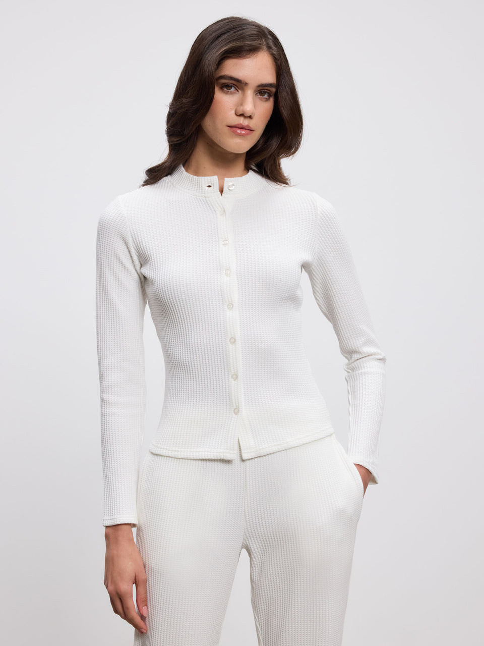 Womens Waffle Button Through Cardigan in Ecru