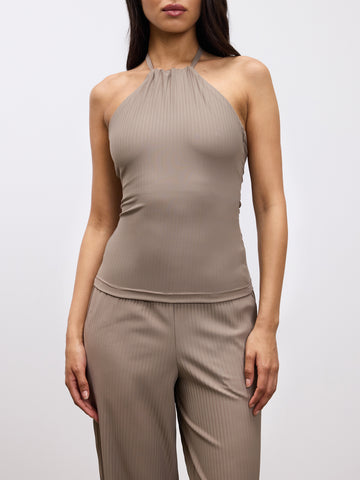 Womens Pleated Halter Top in Taupe