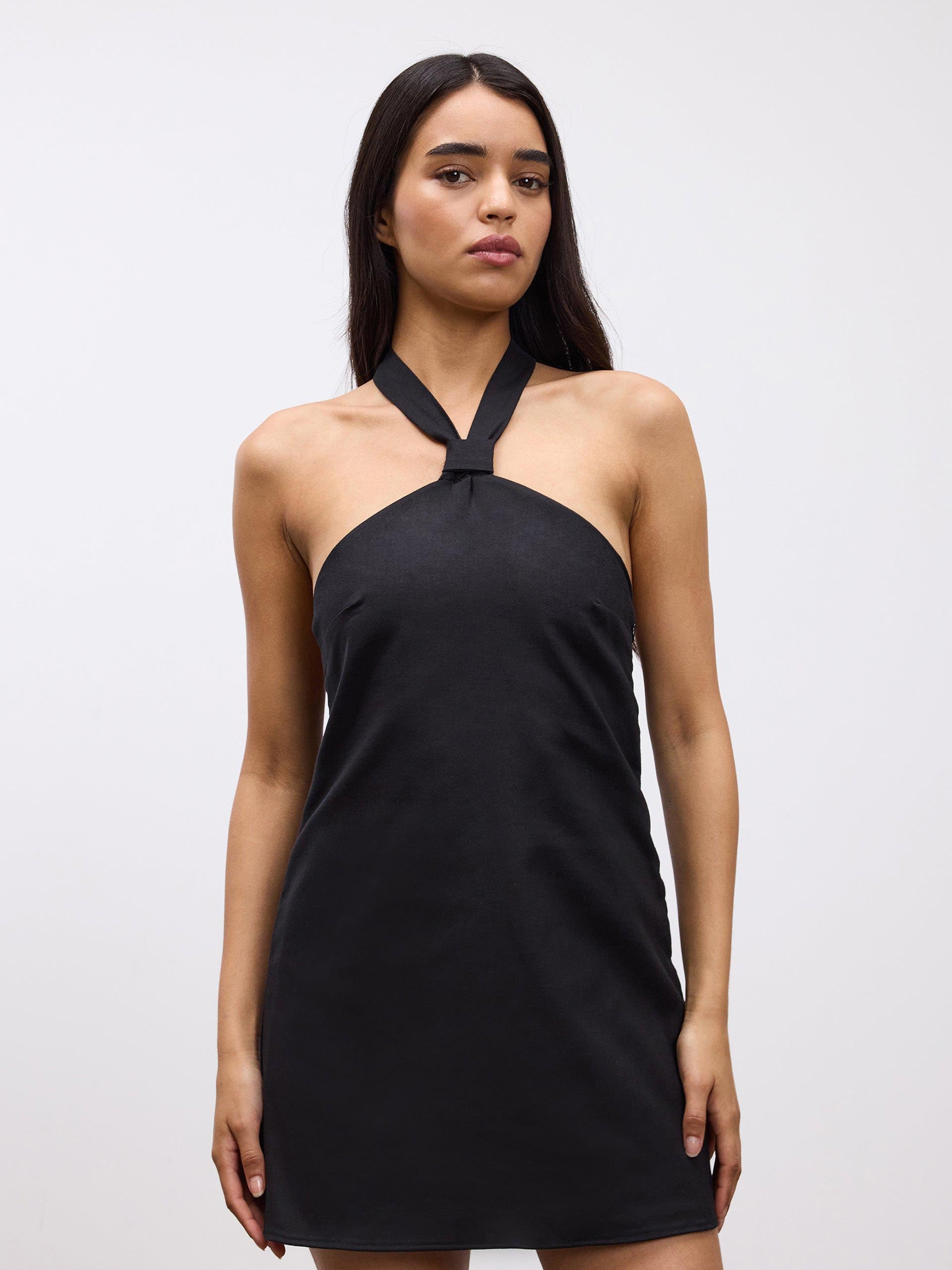 Womens Linen Halter Dress in Black