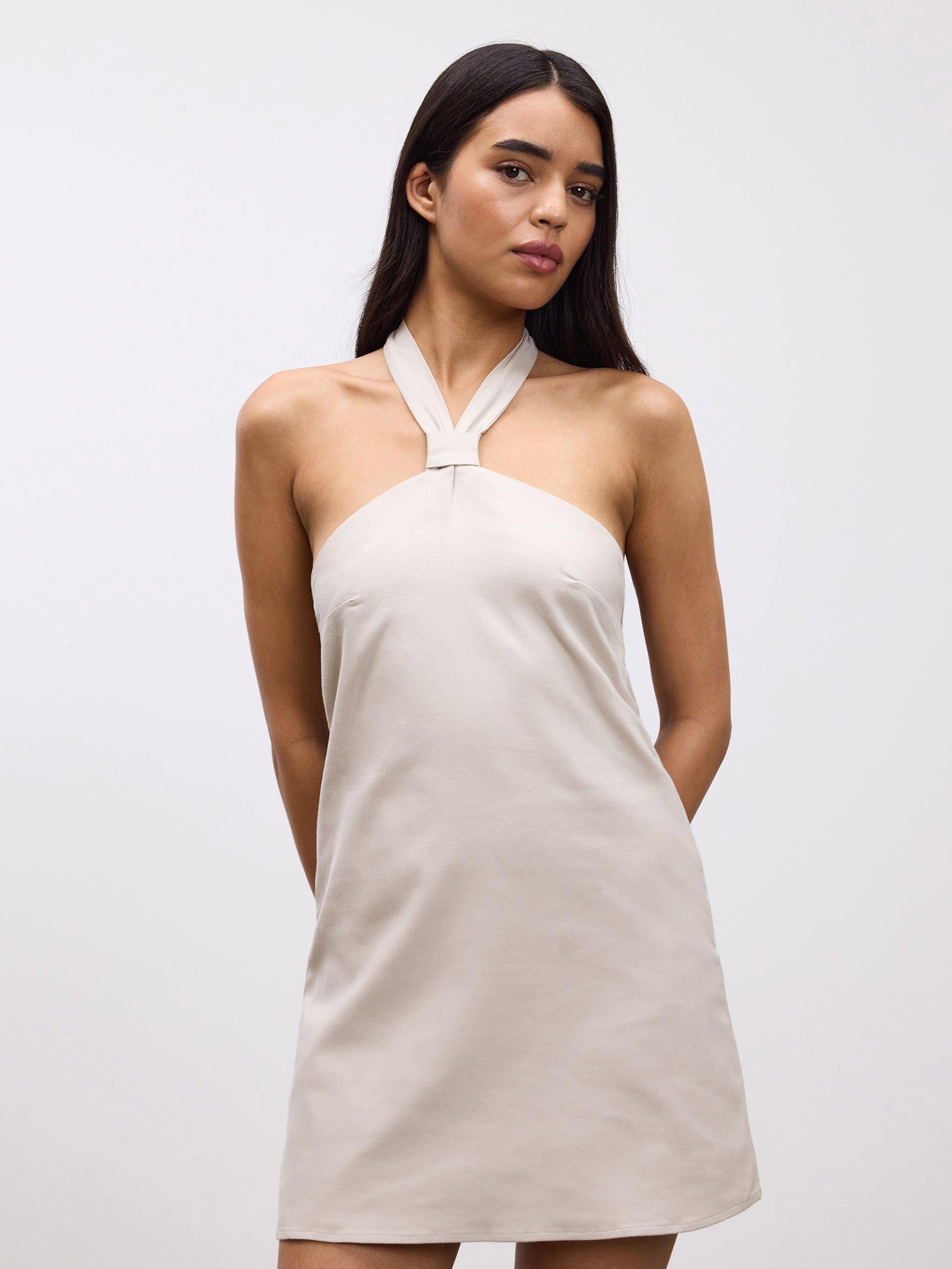 Womens Linen Halter Dress in Stone