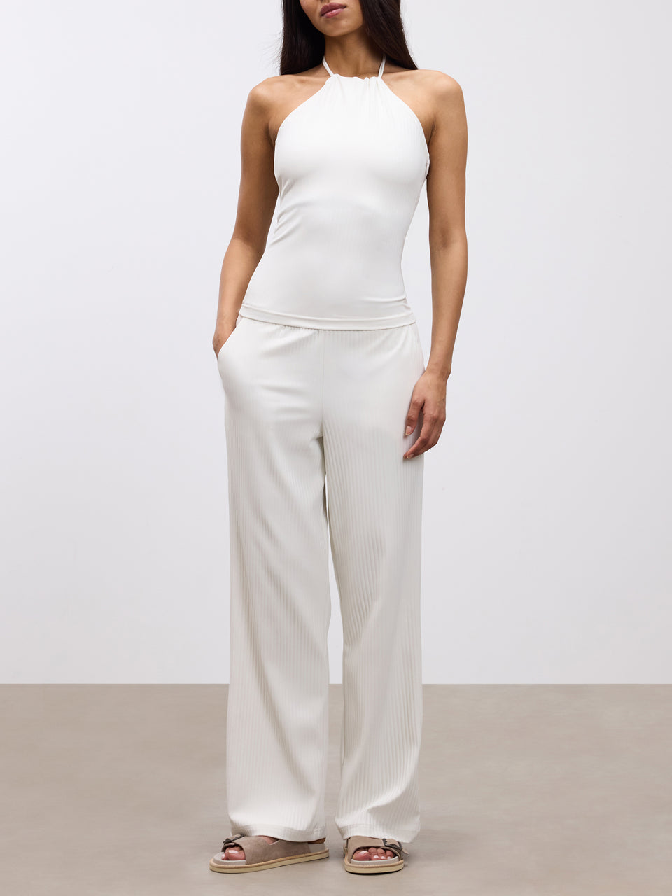 Womens Pleated Halter Top in Ecru
