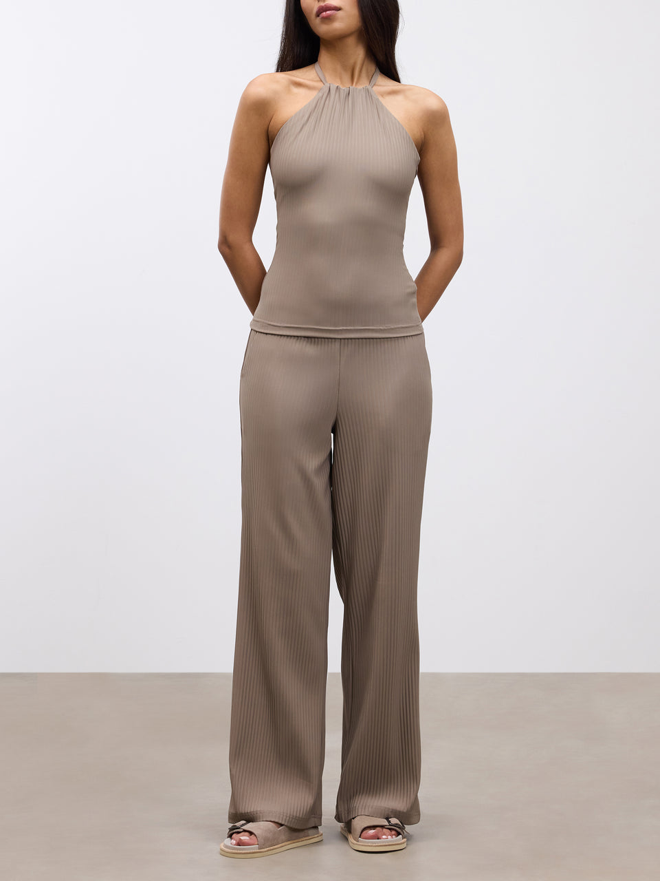 Womens Pleated Halter Top in Taupe