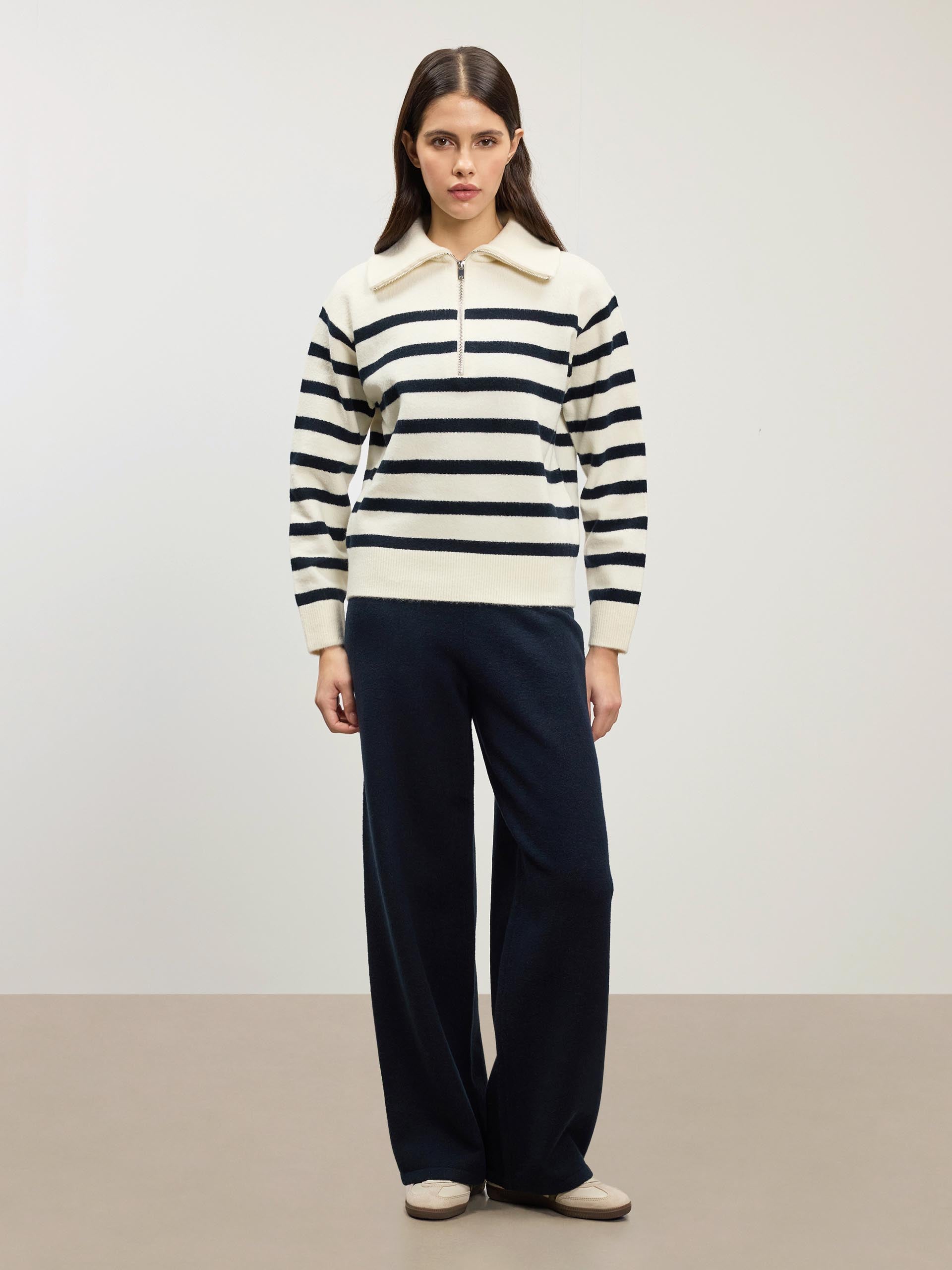 Womens Chunky Wool Stripe Half Zip in Off White Navy