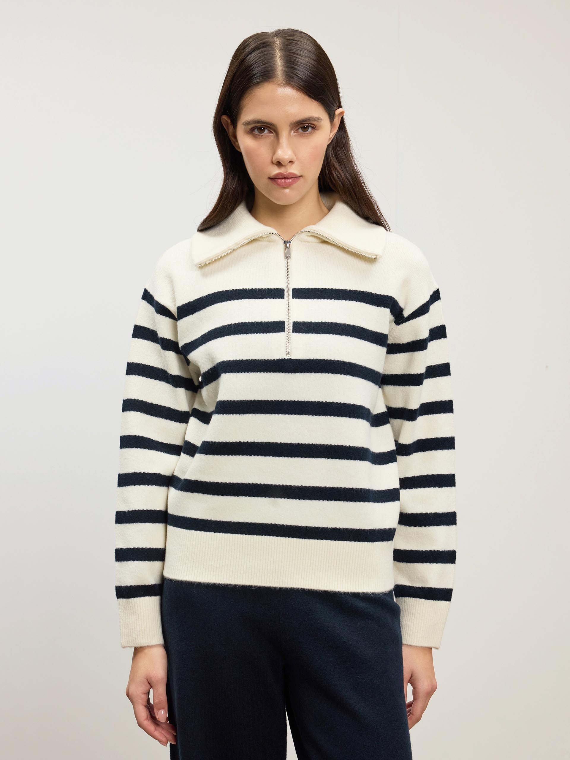 Womens Chunky Wool Stripe Half Zip in Off White Navy | ARNE UK