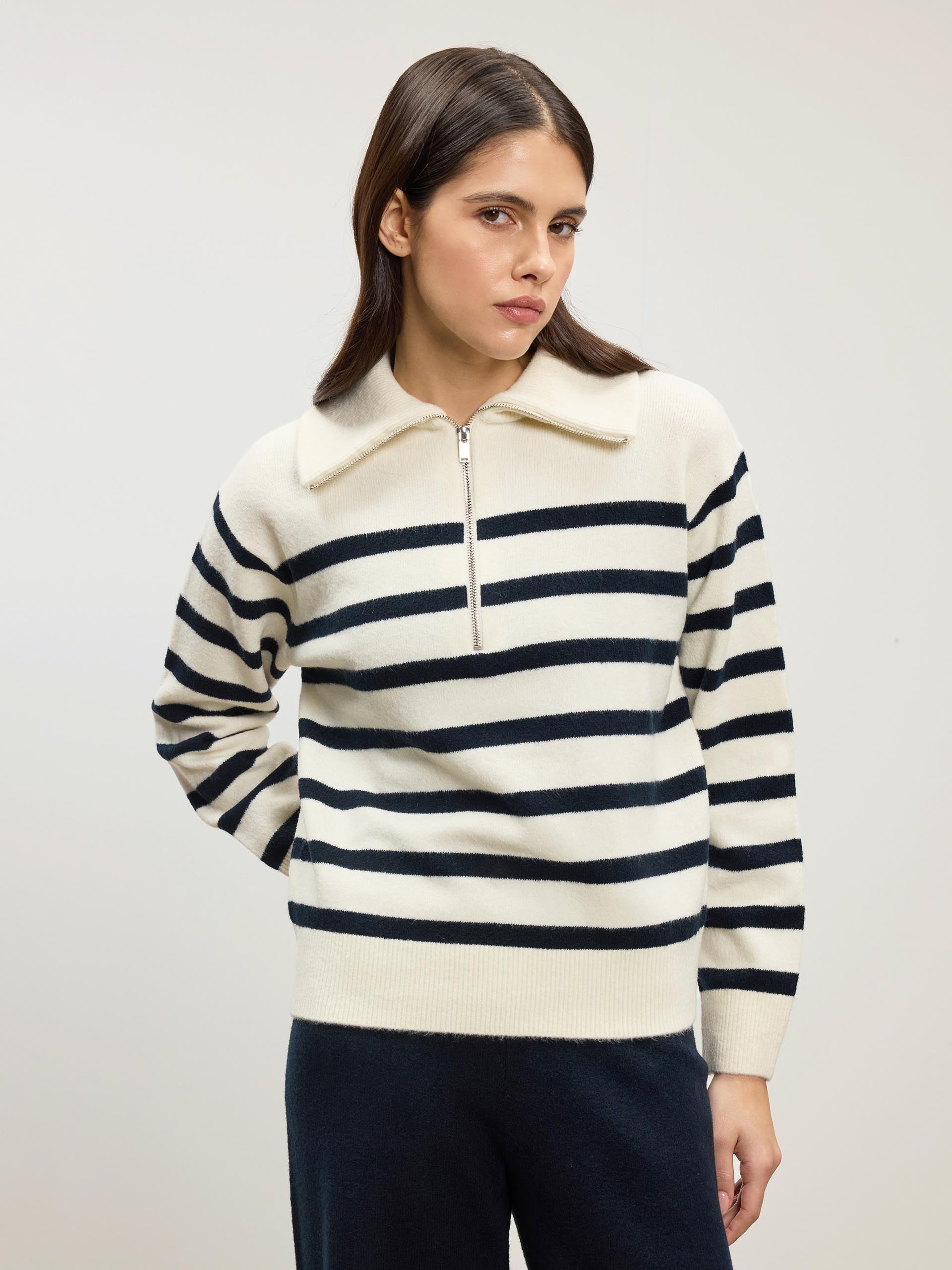 Womens Chunky Wool Stripe Half Zip in Off White Navy | ARNE UK