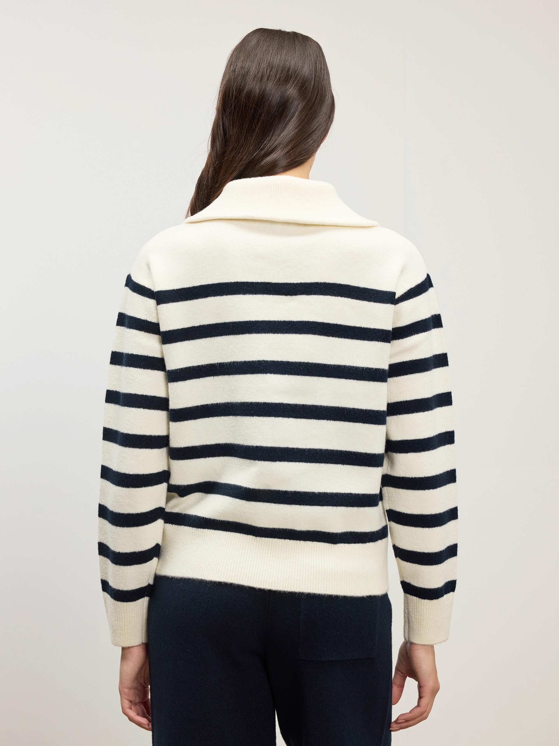 Womens Chunky Wool Stripe Half Zip in Off White Navy