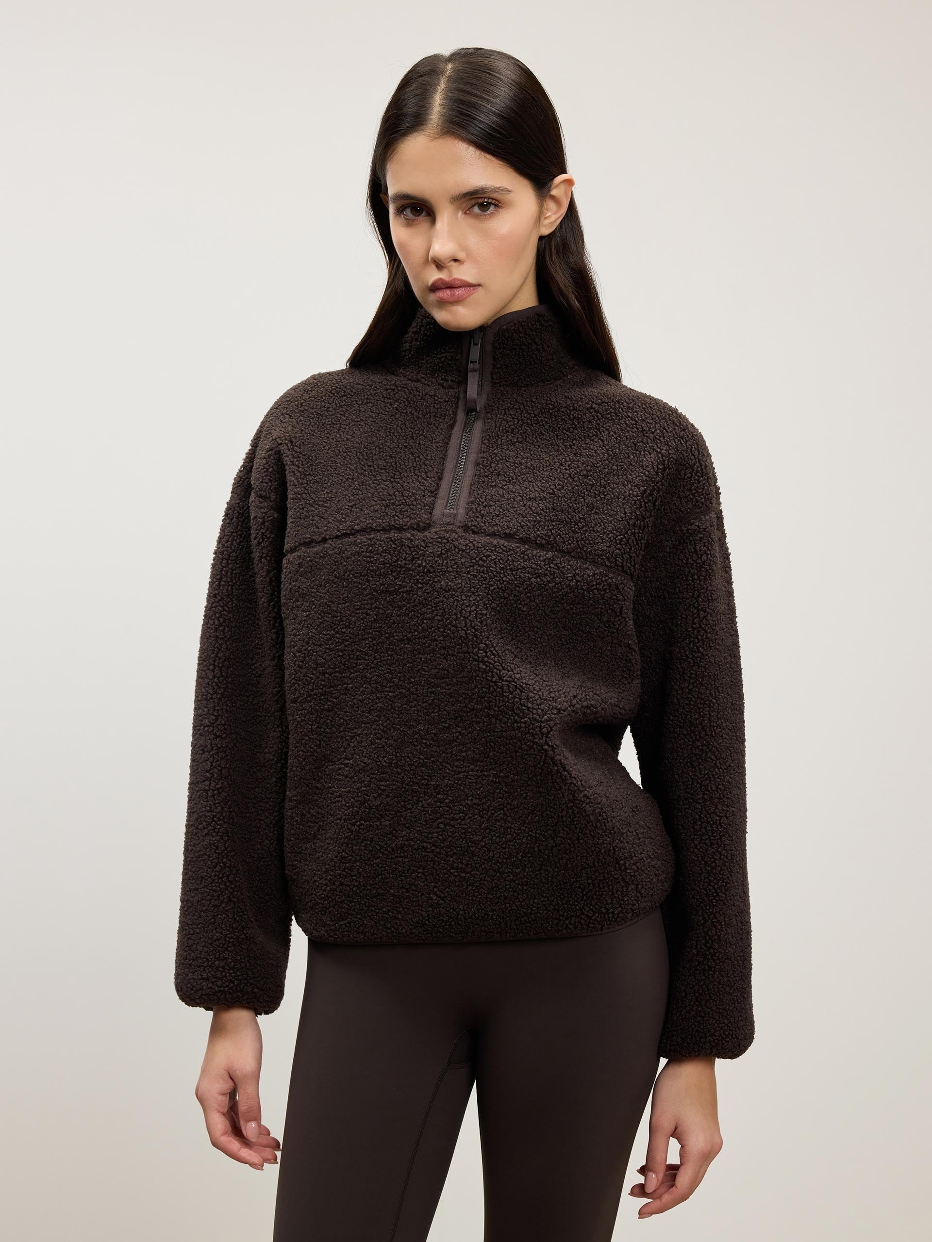 Womens Reversible Sherpa Fleece Half Zip in Brown