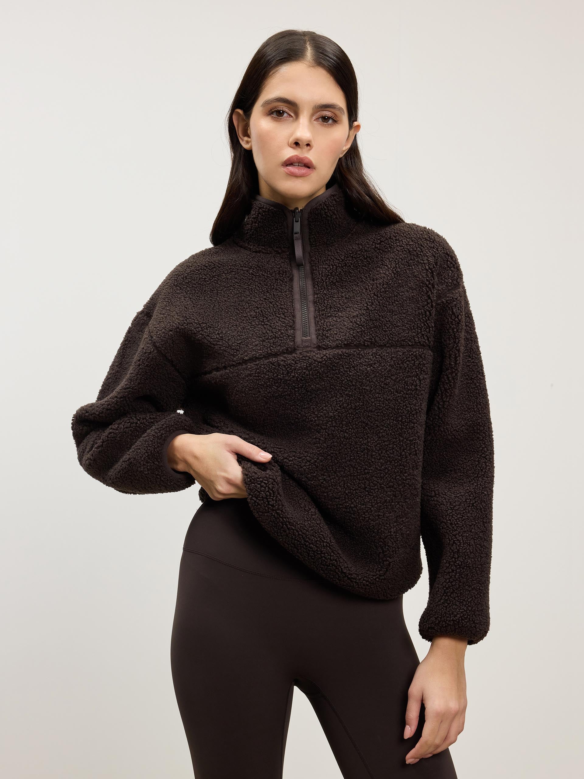 Womens Reversible Sherpa Fleece Half Zip in Brown