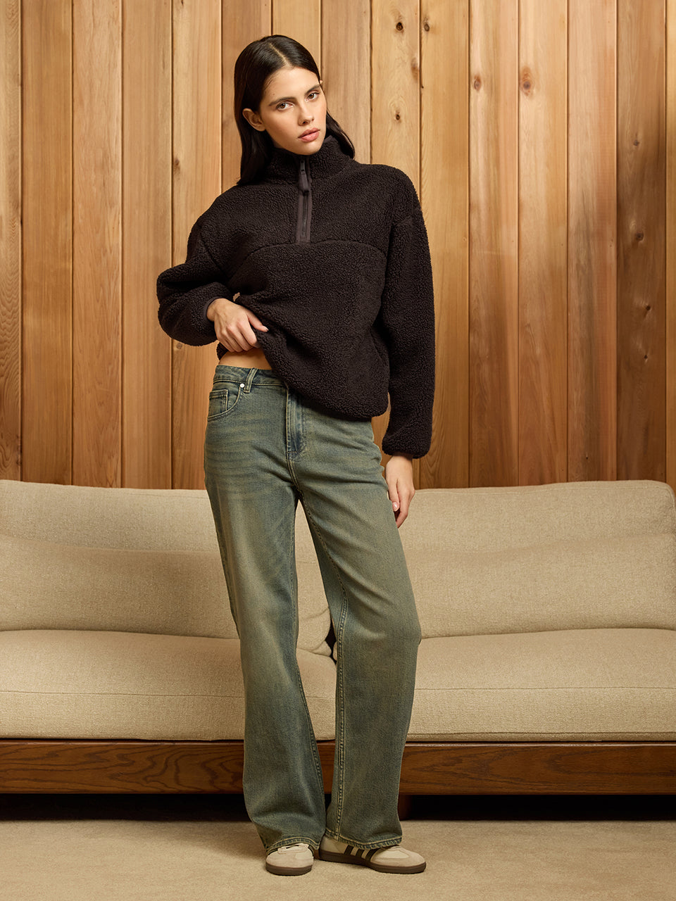 Womens Reversible Sherpa Fleece Half Zip in Brown