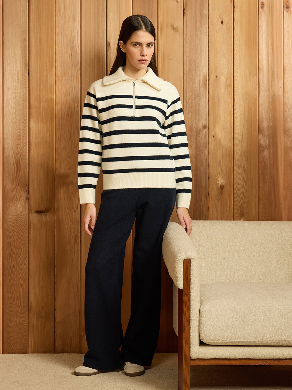 Womens Chunky Wool Stripe Half Zip in Off White Navy