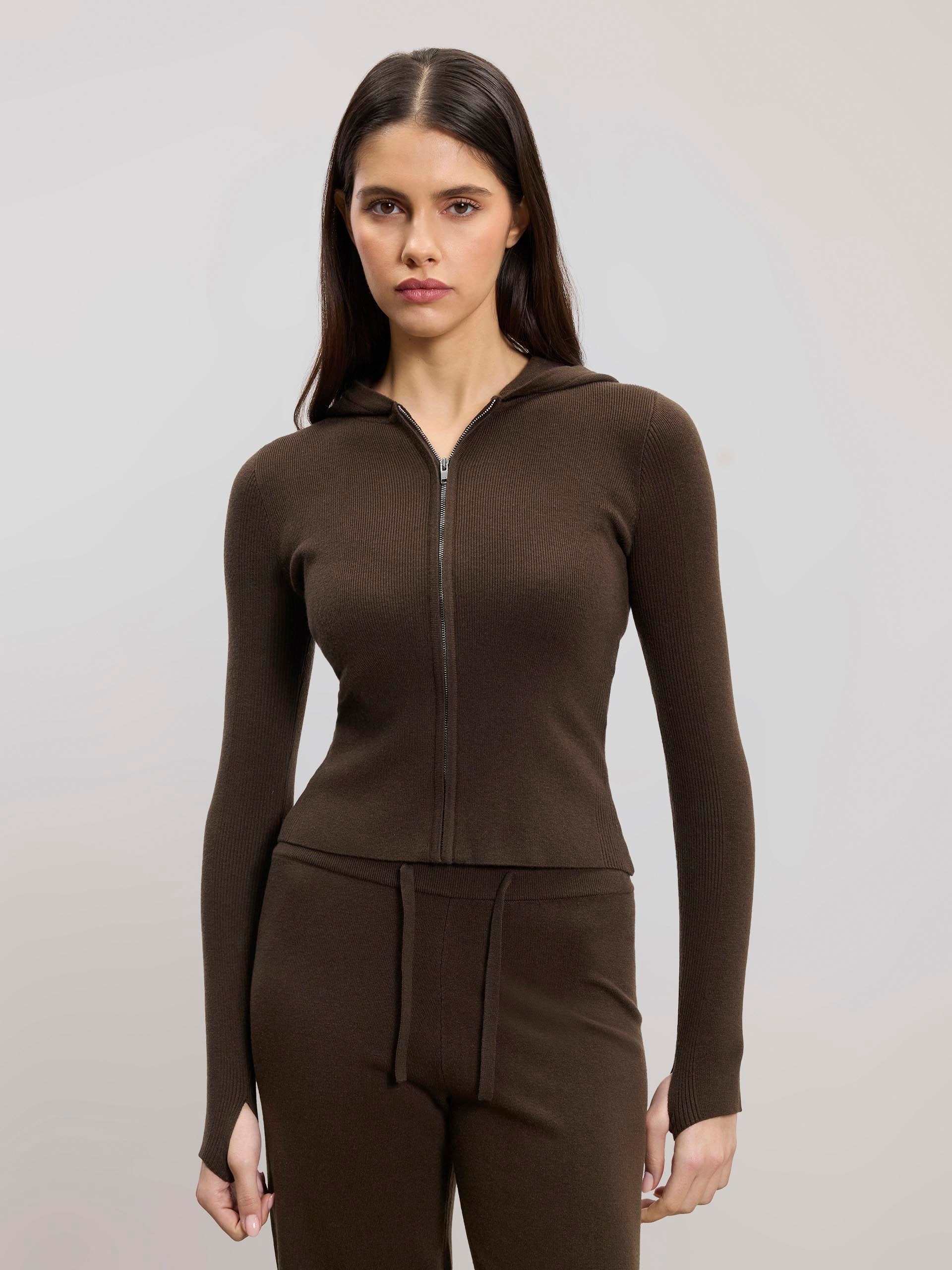 Womens Light Knit Hoodie in Brown