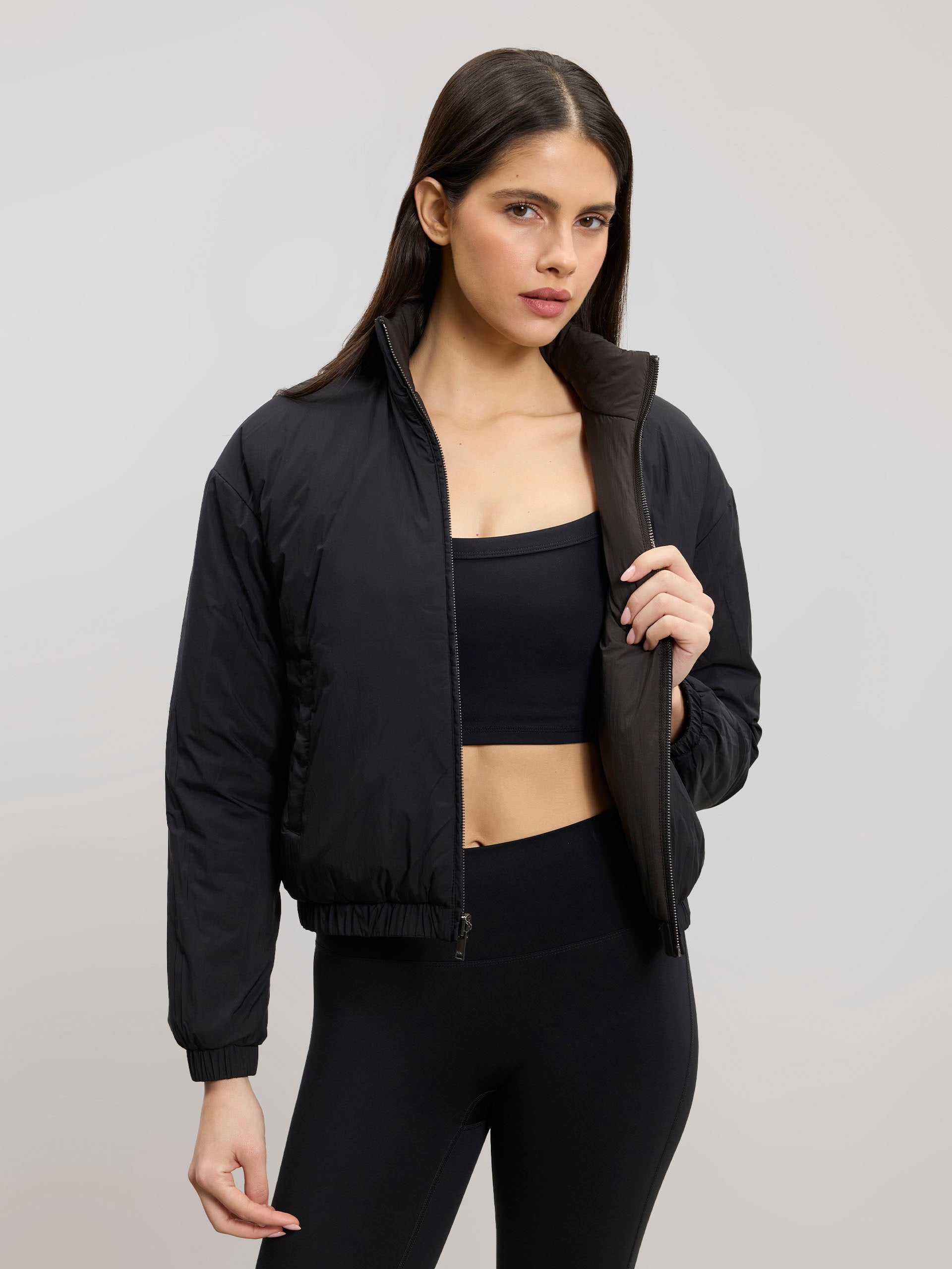 Womens Relaxed Reversible Funnel Neck Jacket in Brown And Black