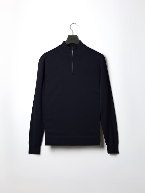 Cotton Knitted Half Zip Funnel Neck Jumper in Navy