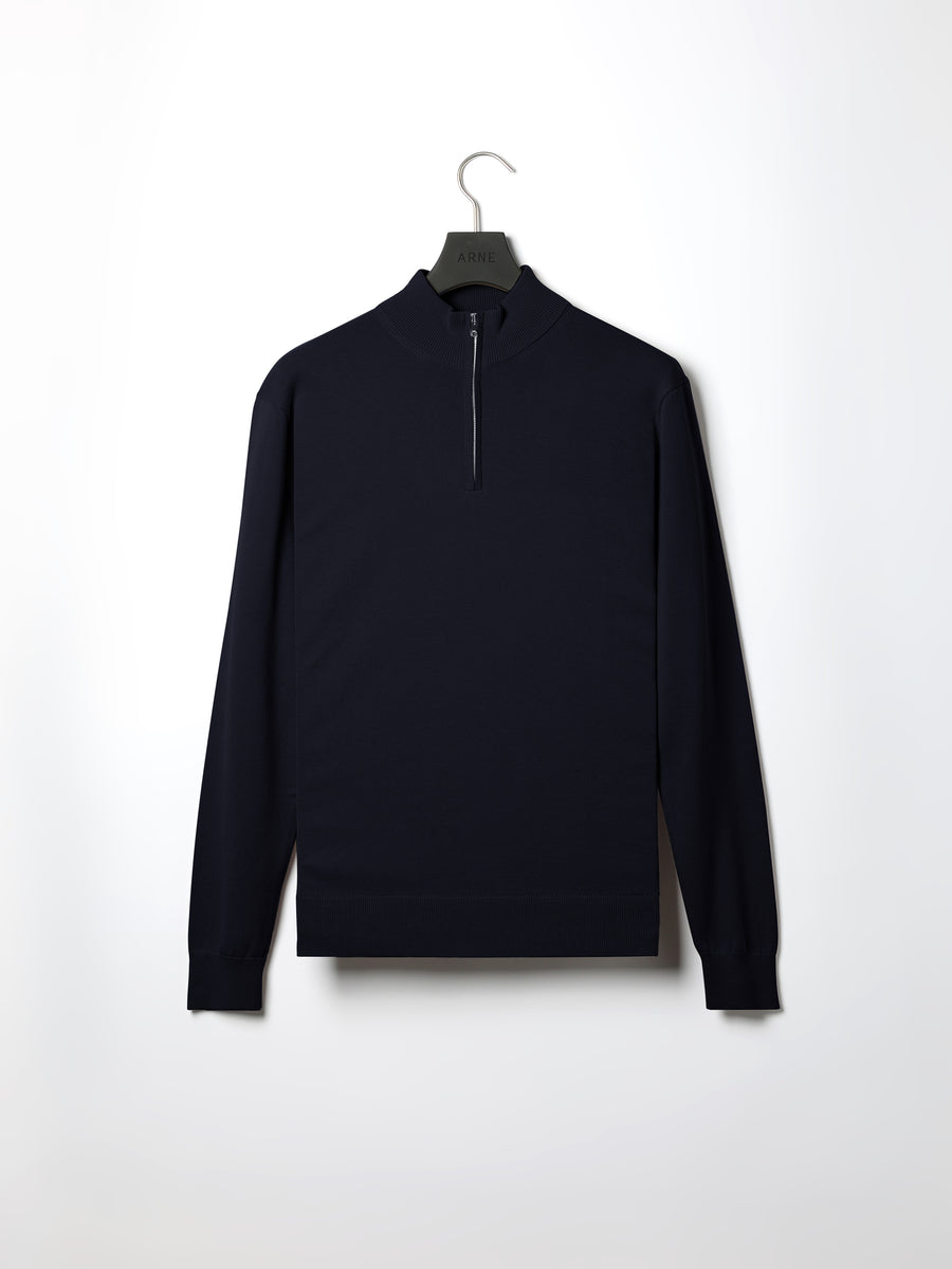 Cotton Knitted Half Zip Funnel Neck Jumper in Navy