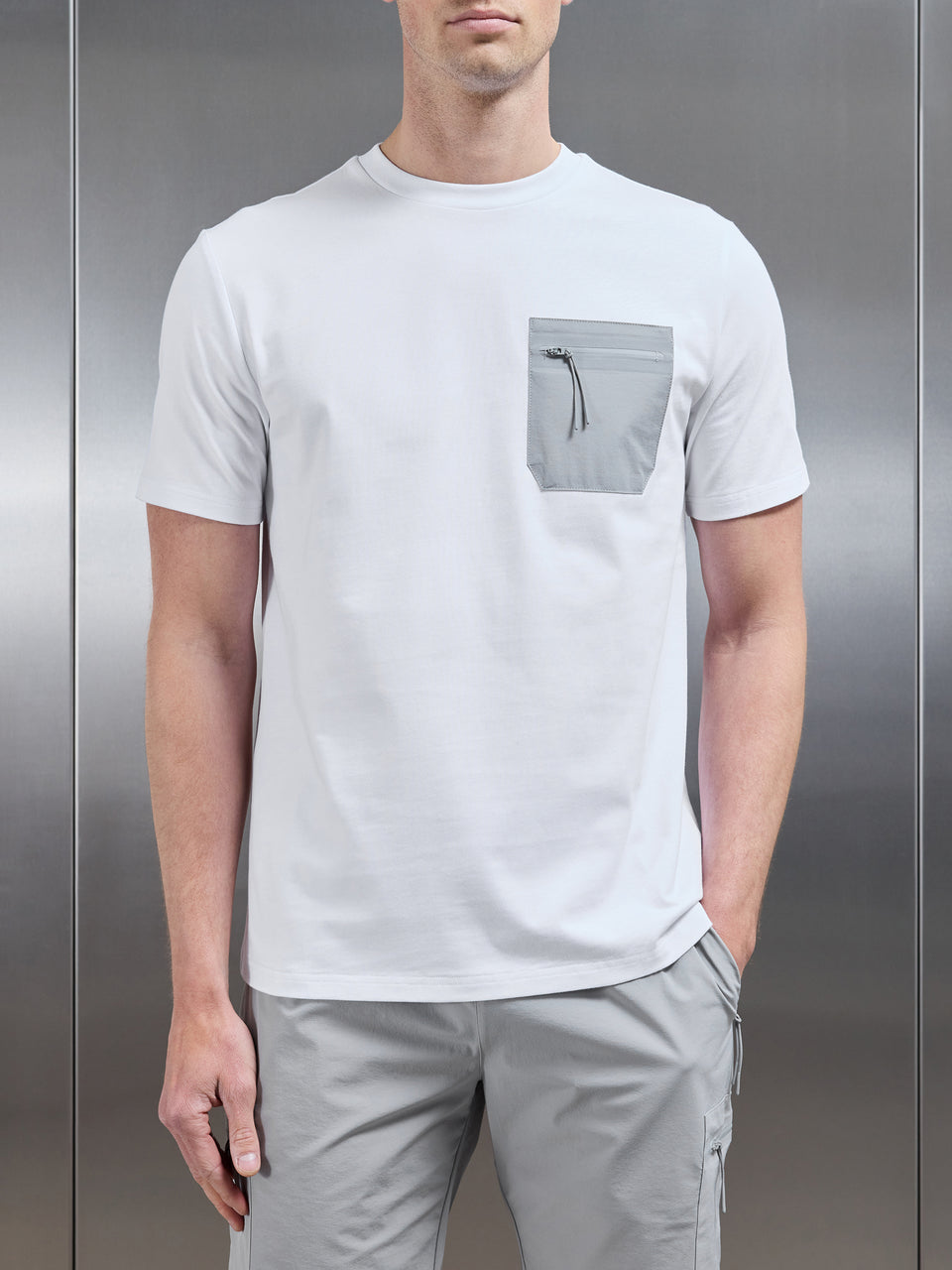 Active Cargo Pocket T-Shirt in White Grey